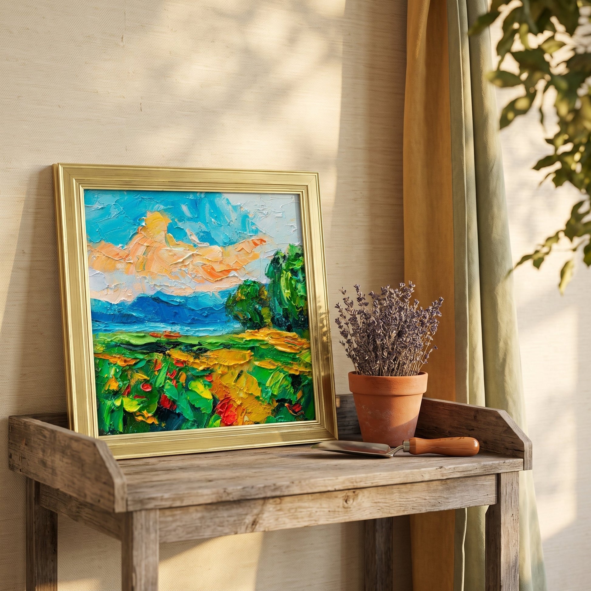 RusticFarmhouseEntryway — VibrantImpressionistLandscapePaintingBringsNaturalEnergyToSunlitSpace