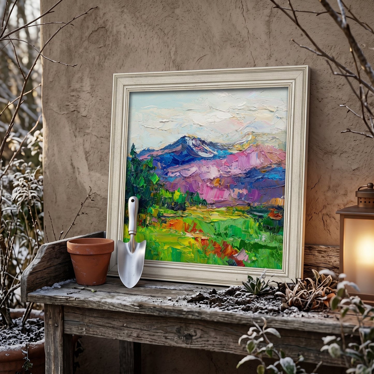 Rustic garden nook — vibrant Impressionist landscape transforms the space with color and warmth
