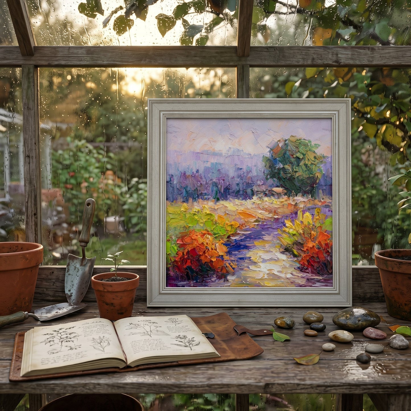 Rustic greenhouse studio — vibrant Impressionist landscape painting enhances natural ambiance with bold color and texture