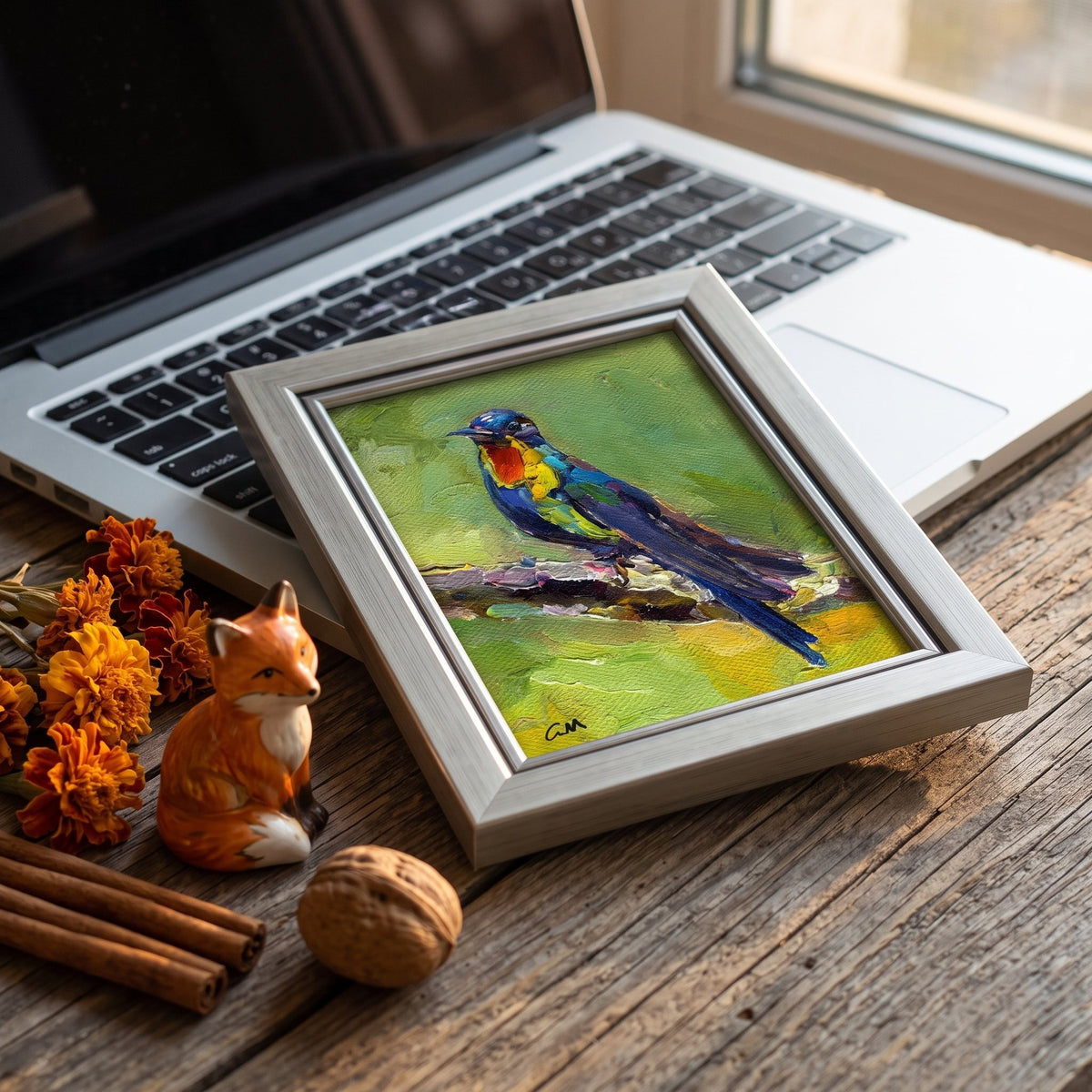 Rustic farmhouse study — Vibrant expressionist bird painting adds color and life to a warm, natural workspace