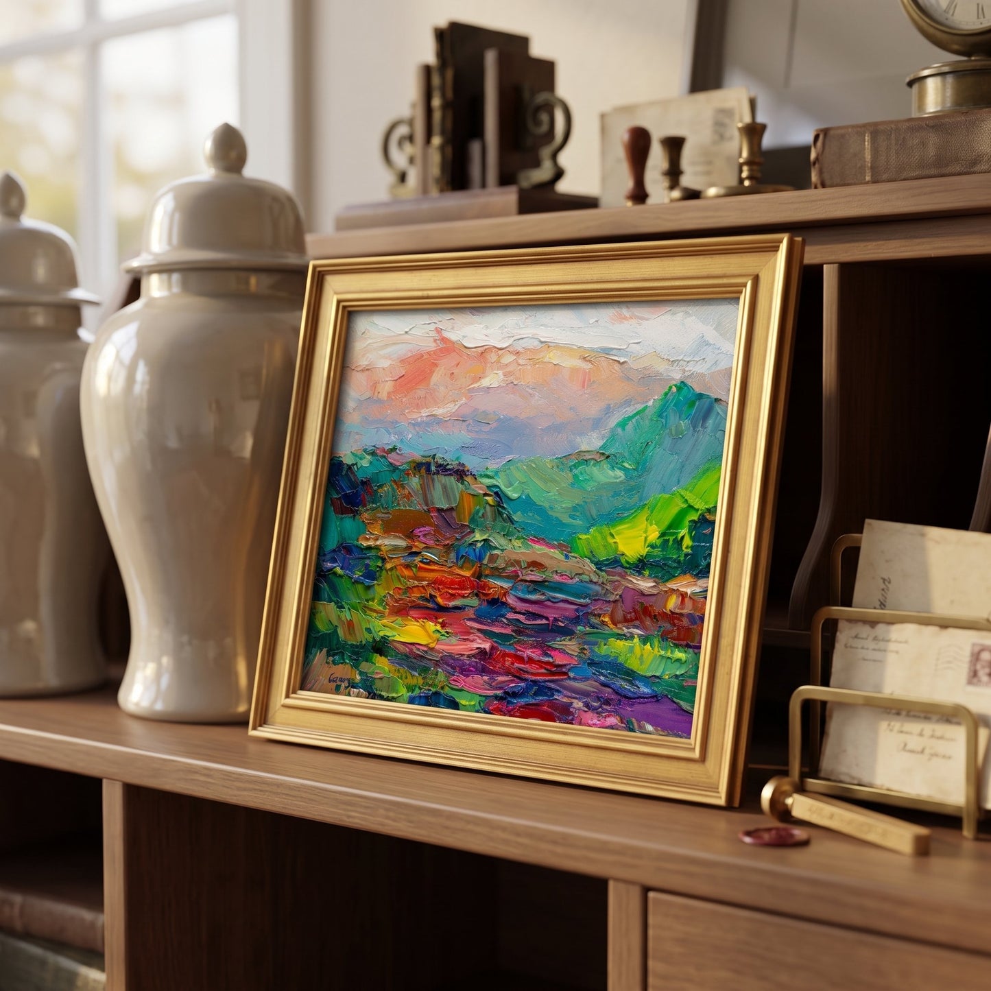 Mid-century modern living room — vibrant Expressionist landscape painting adds bold color and artistic energy to the space