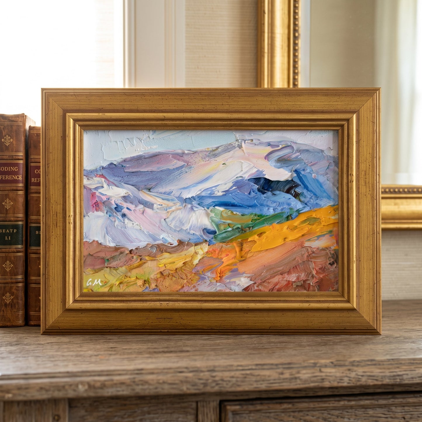 Traditional study — expressive landscape painting adds vibrant color and texture to classic decor
