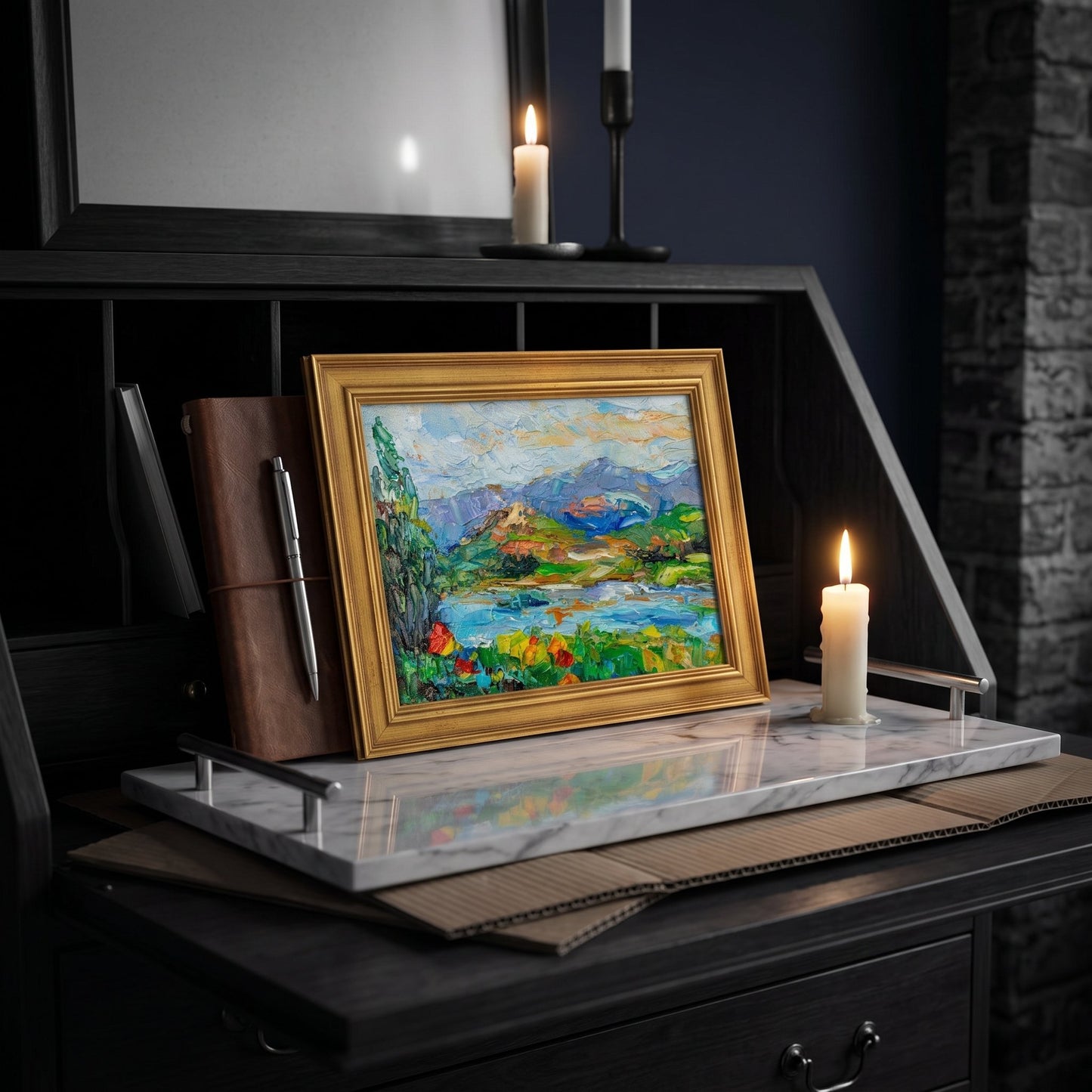 Study, IndustrialModern — Original Impressionist landscape adds vibrant color and serenity to a dark, minimalist workspace