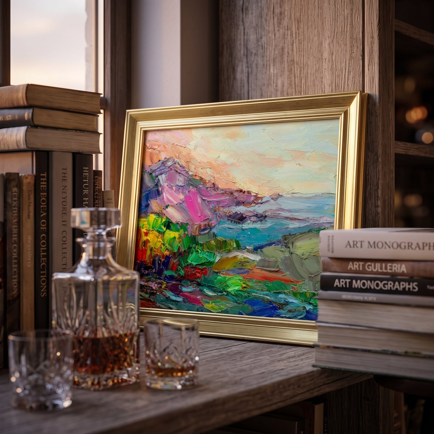 Rustic farmhouse study — vibrant expressionist landscape painting transforms the space with bold color and texture
