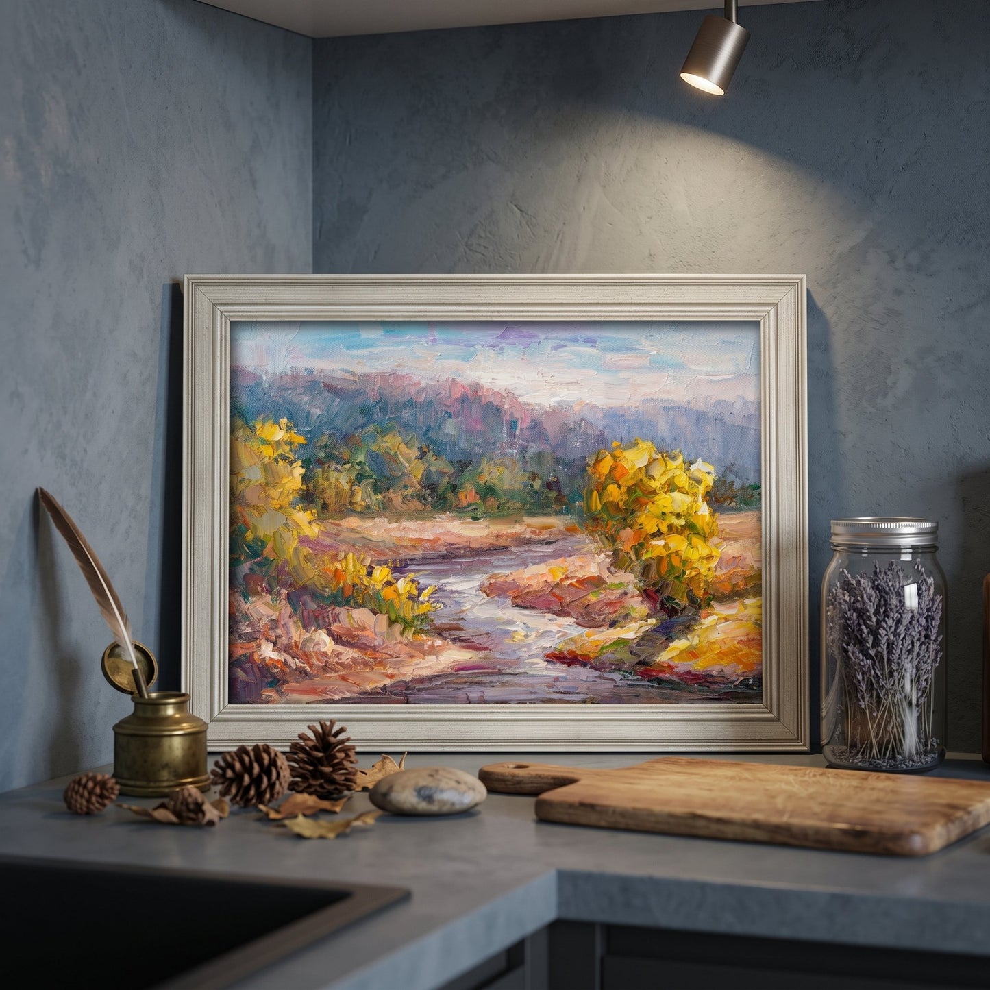 Modern rustic kitchen — Impressionist landscape painting adds warmth and nature-inspired vibrancy to the space