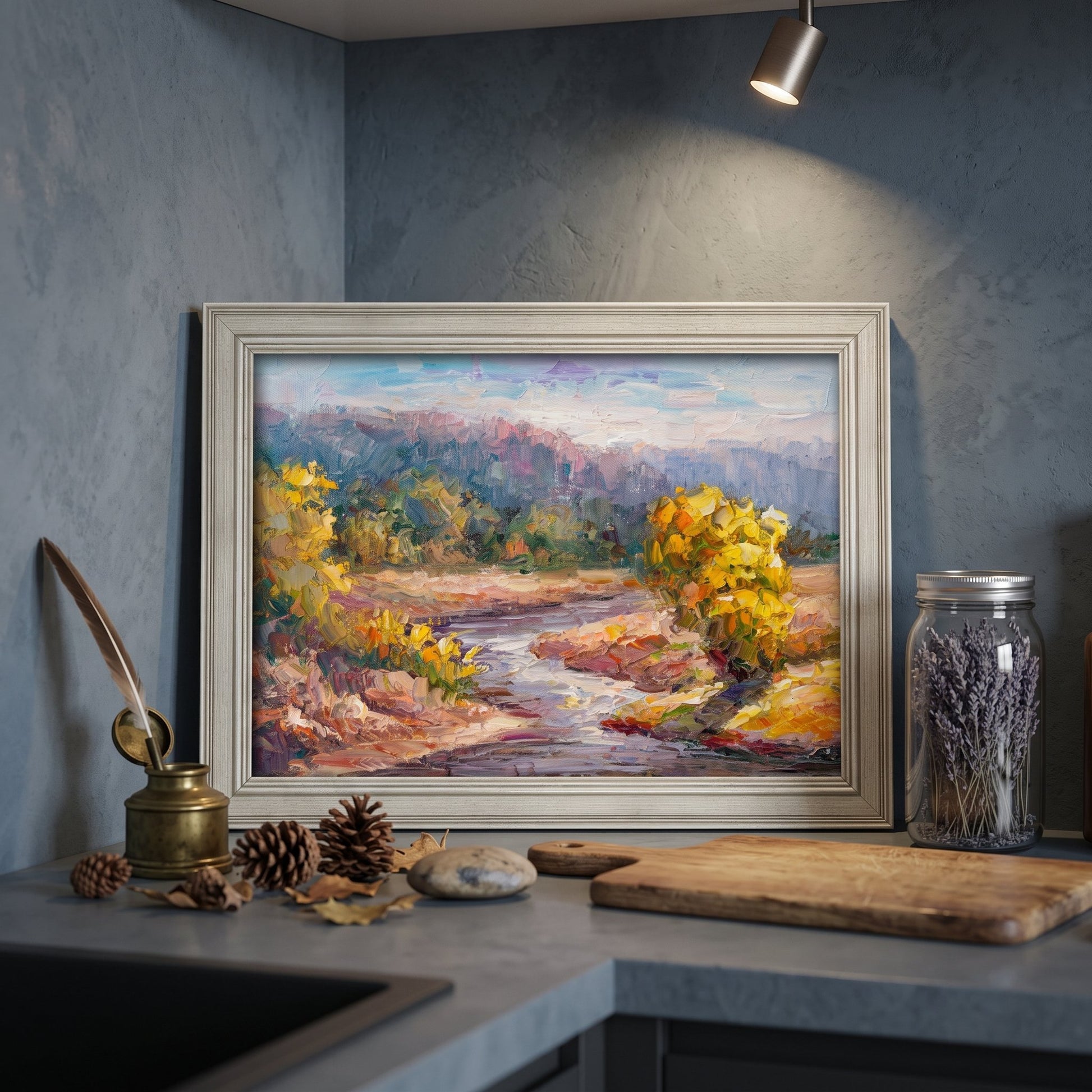 Modern rustic kitchen — Impressionist landscape painting adds warmth and nature-inspired vibrancy to the space