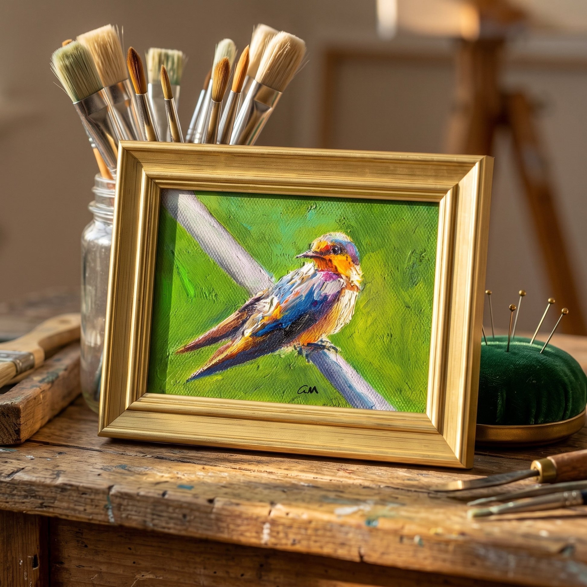 Rustic artist's studio — vibrant expressionist bird painting adds color and soul to the creative workspace