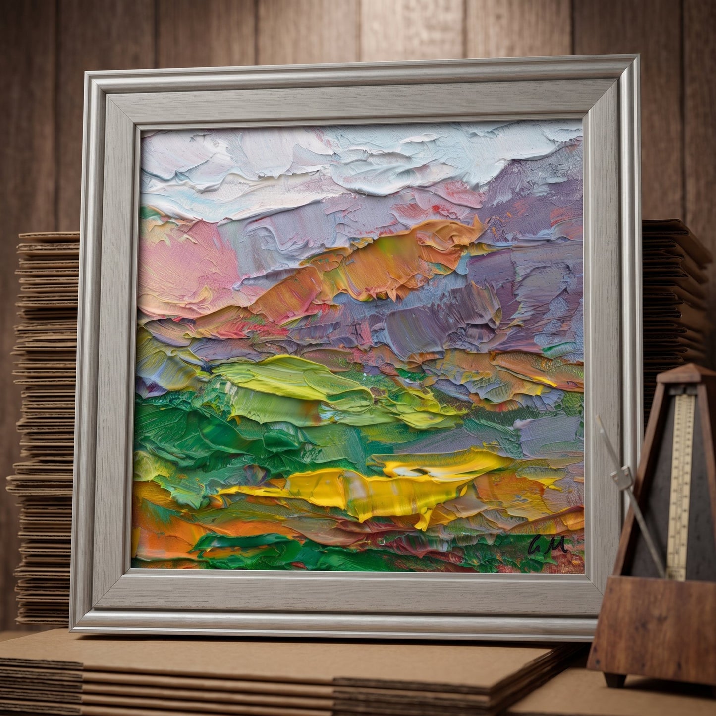 Rustic farmhouse study — expressive landscape painting adds vibrant color and texture to a serene workspace