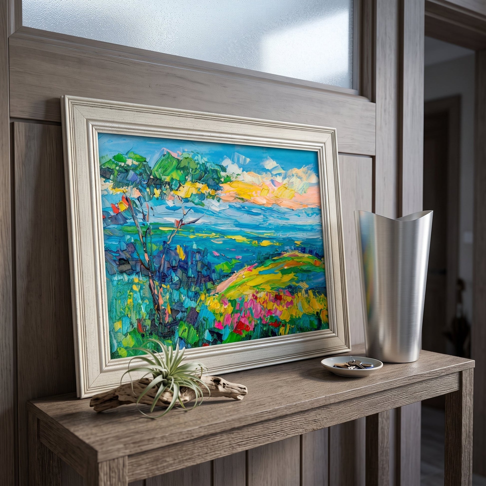 Contemporary entryway — vibrant Impressionist landscape adds color and warmth to minimalist wood interior
