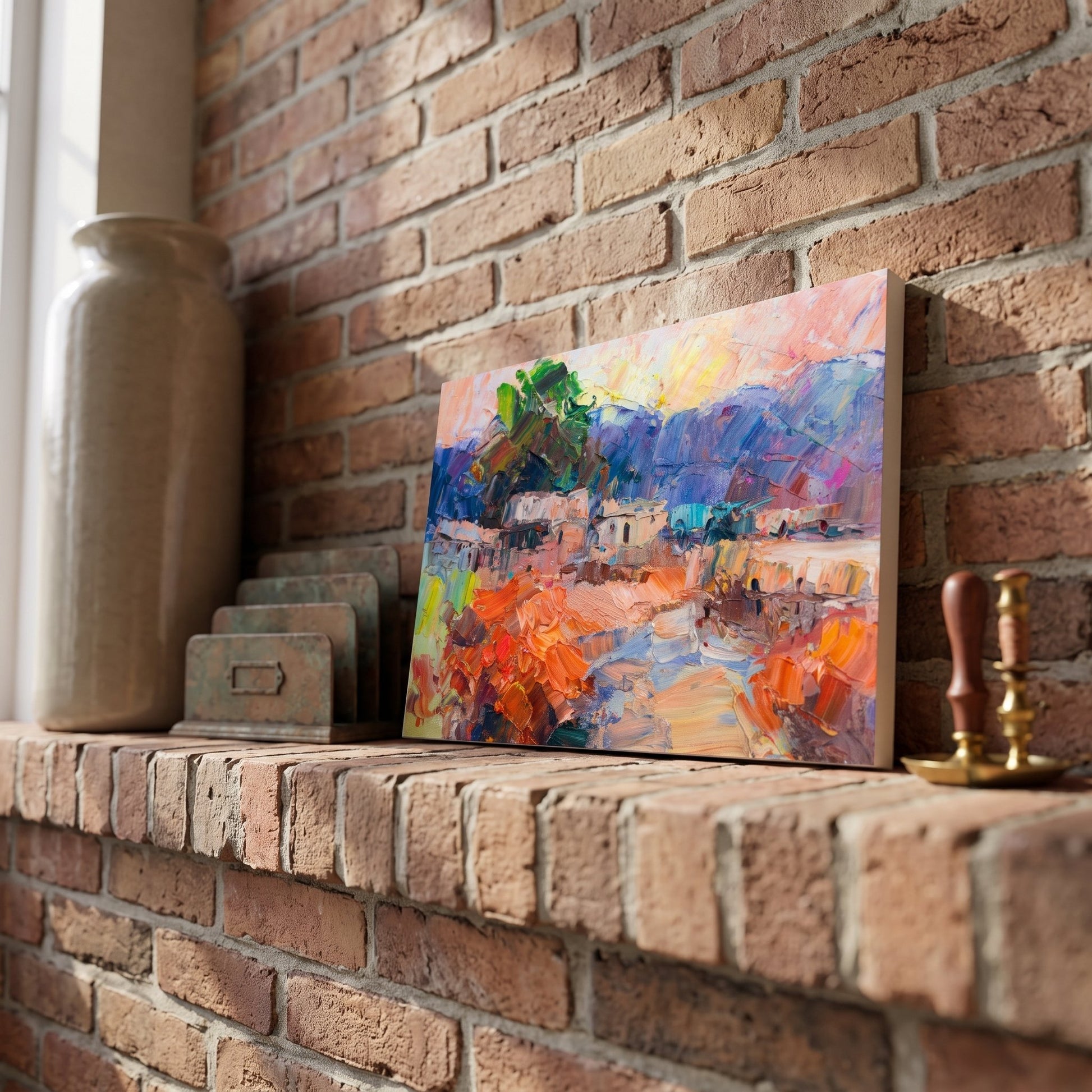 RusticIndustrialLivingRoom — Expressive landscape painting adds vibrant color and texture to exposed brick wall
