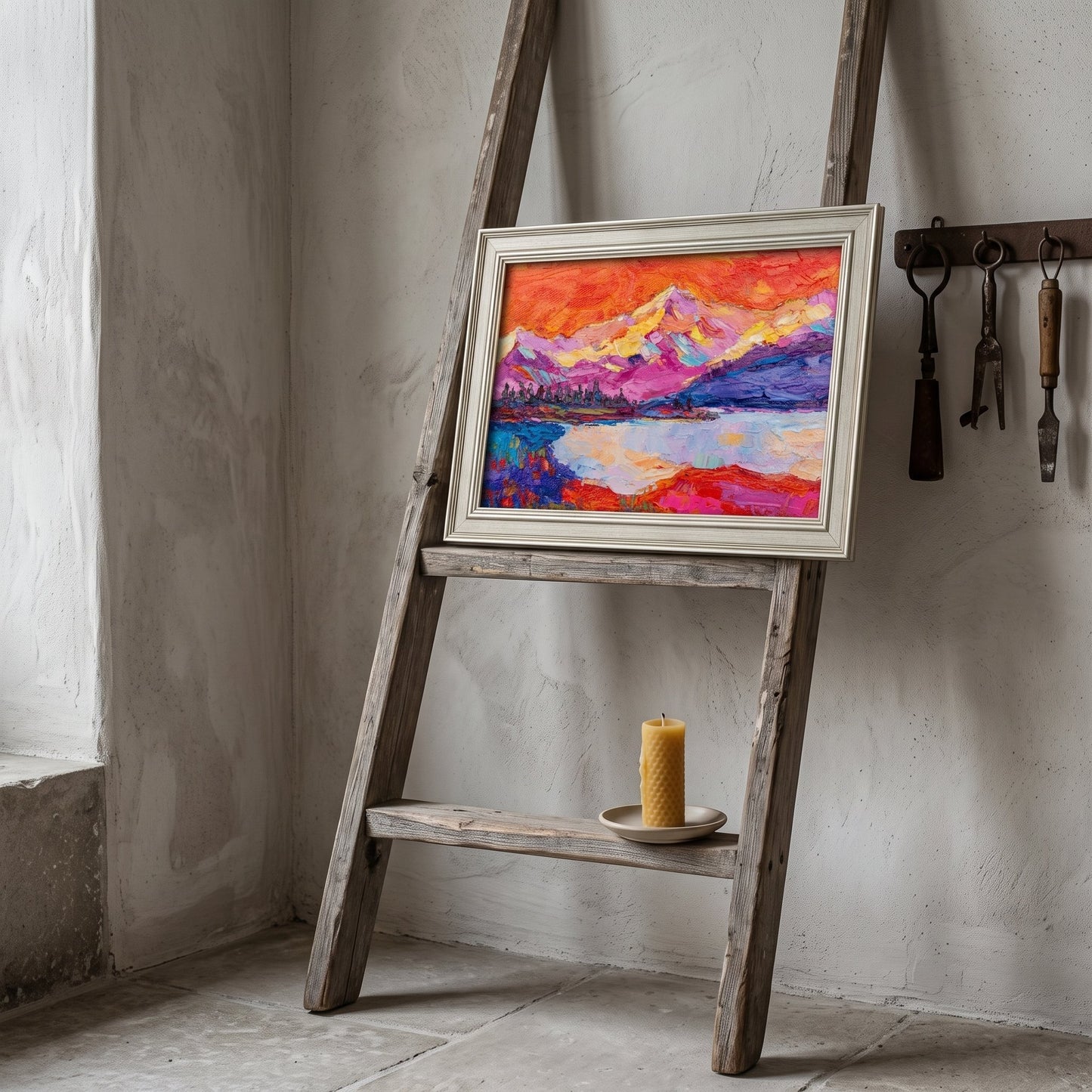 Rustic farmhouse entryway — vibrant expressionist landscape painting adds color and drama to neutral space