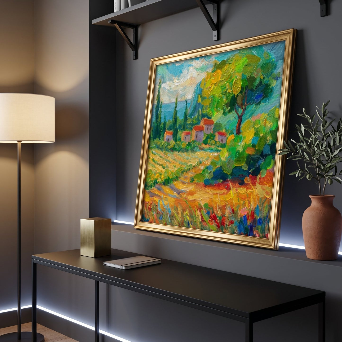 Contemporary entryway — vibrant Impressionist landscape transforms neutral space with bold color and texture