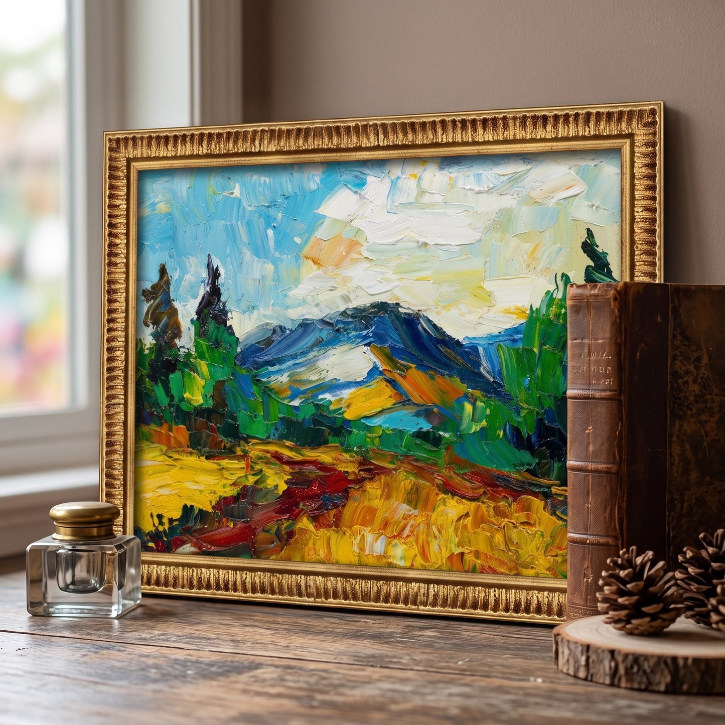 Rustic Farmhouse Study — Vibrant expressionist landscape painting transforms the space with bold colors and textured brushwork
