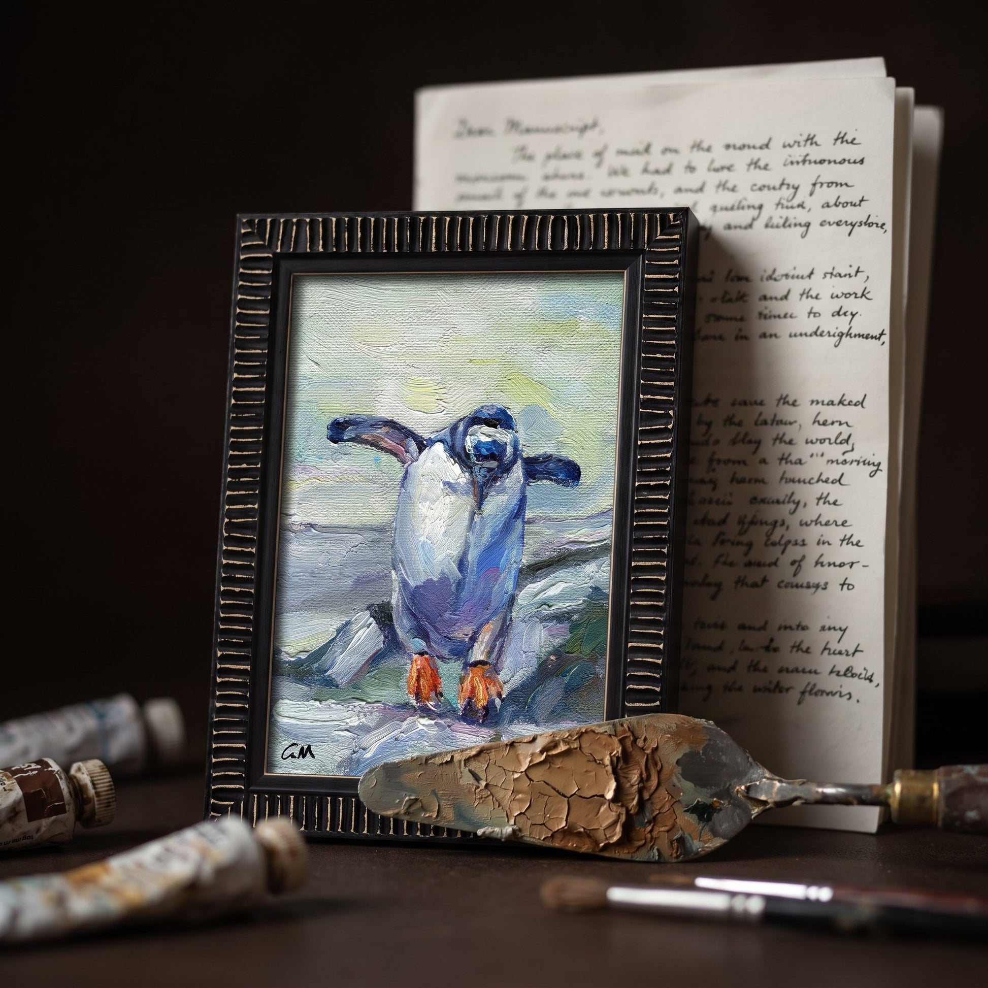 Literary study, eclectic decor — original Impressionist penguin painting adds whimsy and warmth to a creative workspace
