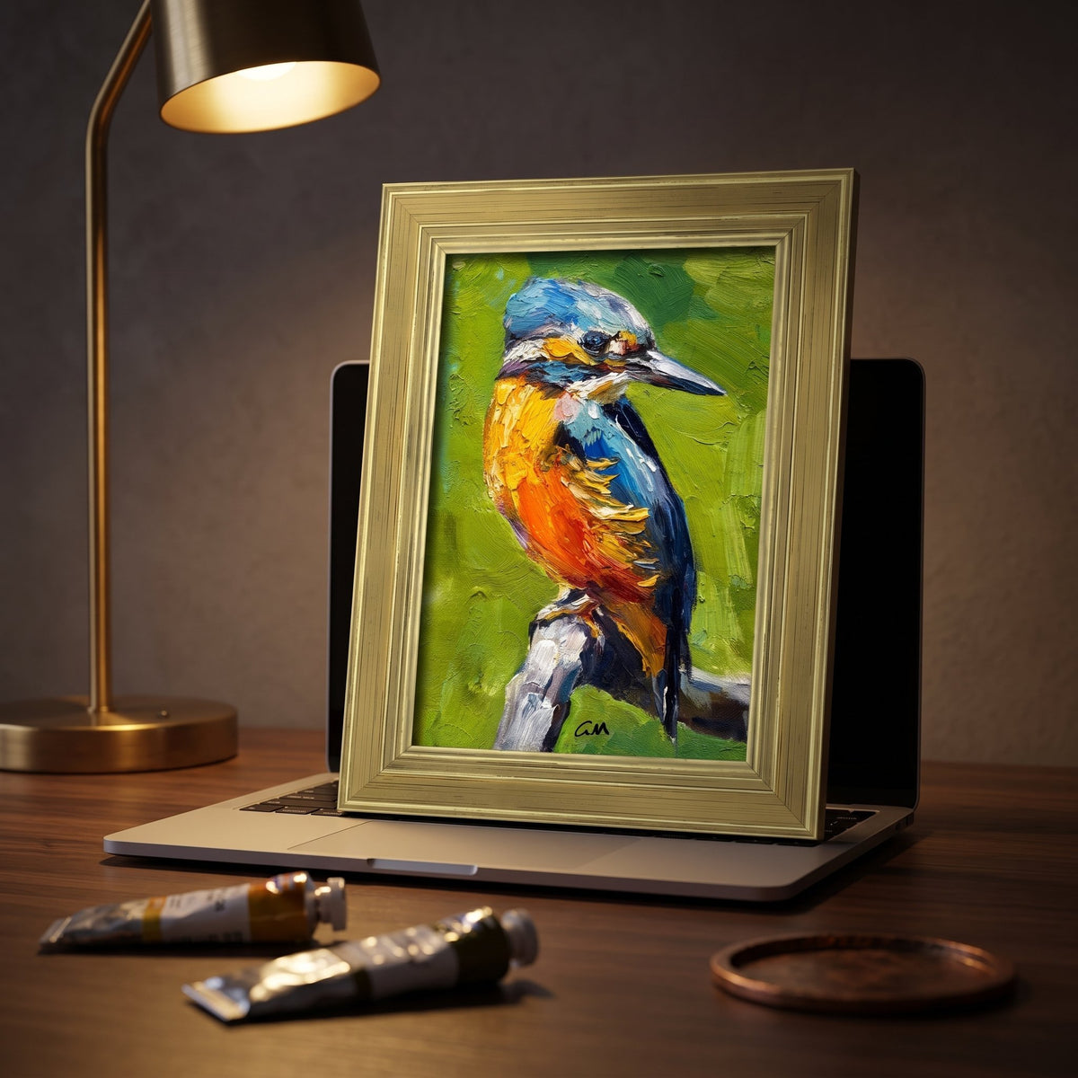 Home studio, minimalist decor — vibrant kingfisher painting adds color and life to the creative workspace