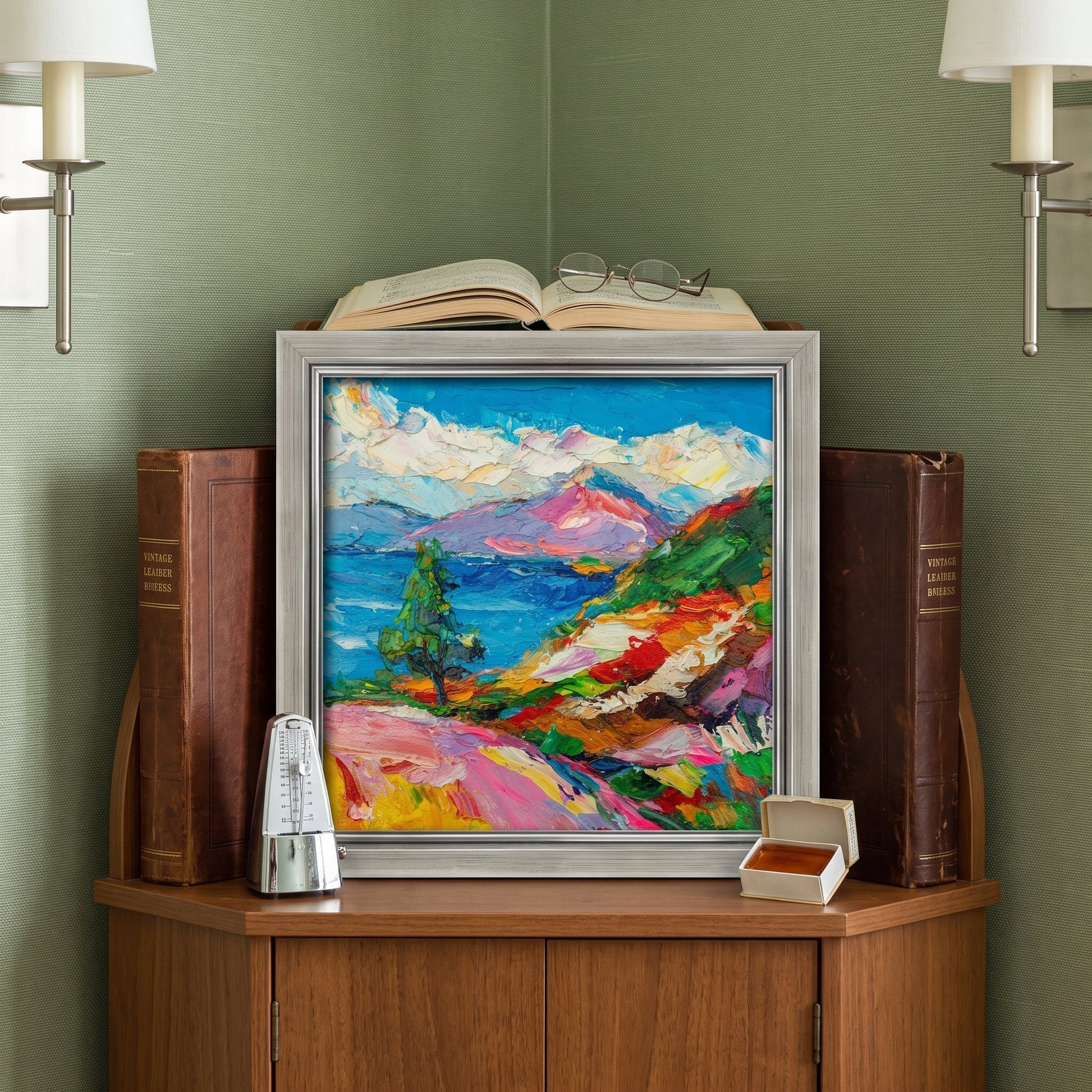 Mid-century modern study — Vibrant expressionist landscape painting adds color and energy to a scholarly space