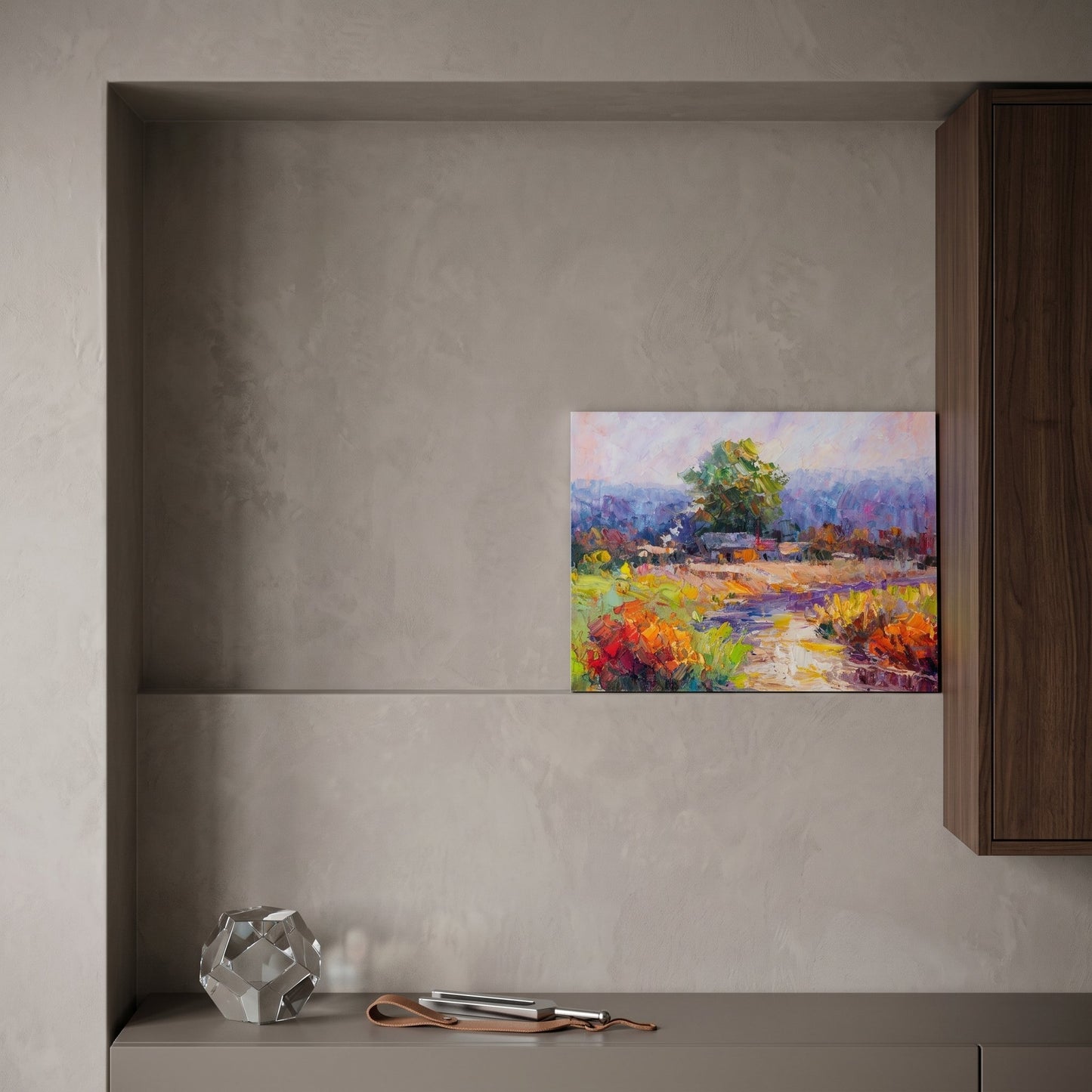 Contemporary entryway — Vibrant Impressionist landscape transforms neutral space with color and texture