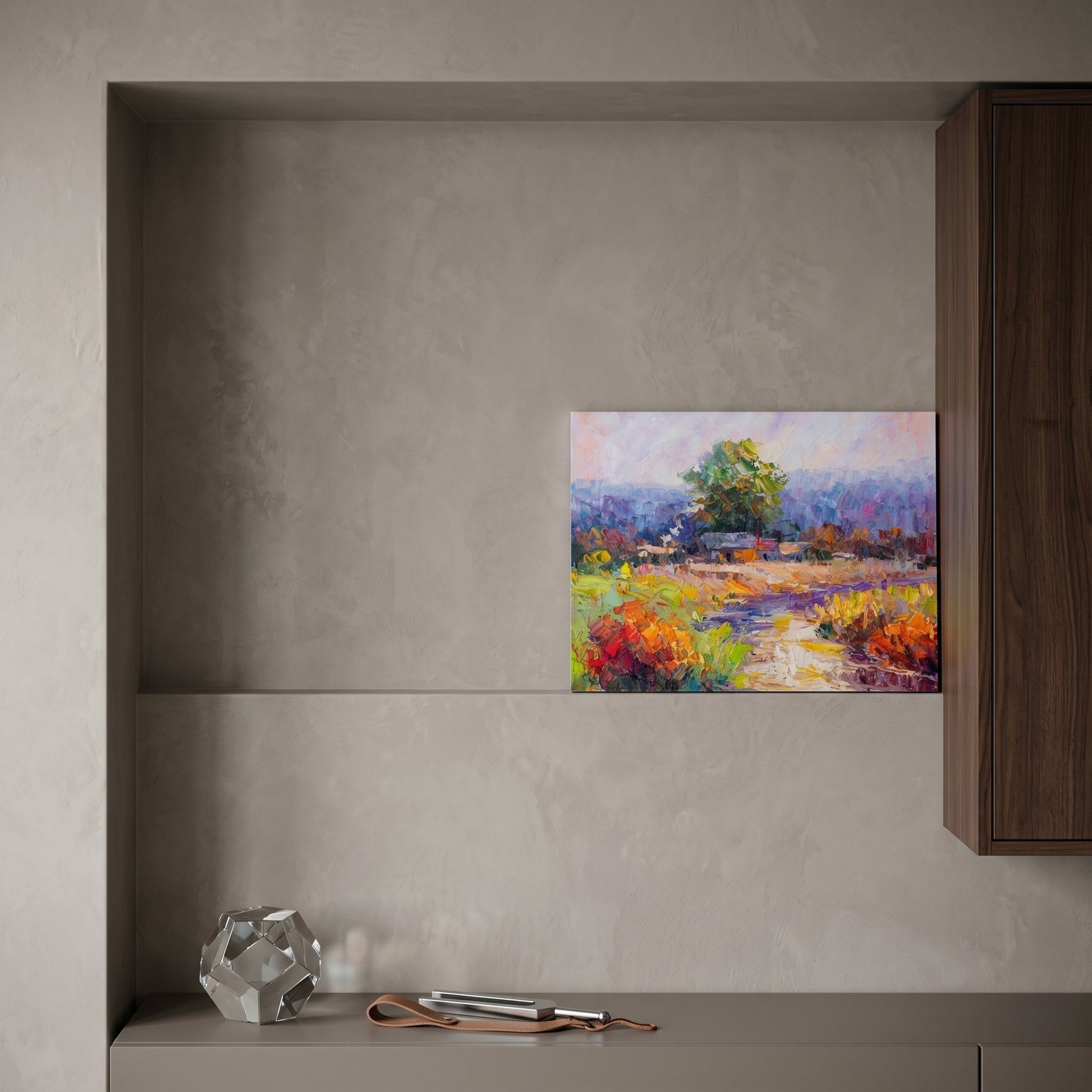 Contemporary entryway — Vibrant Impressionist landscape transforms neutral space with color and texture
