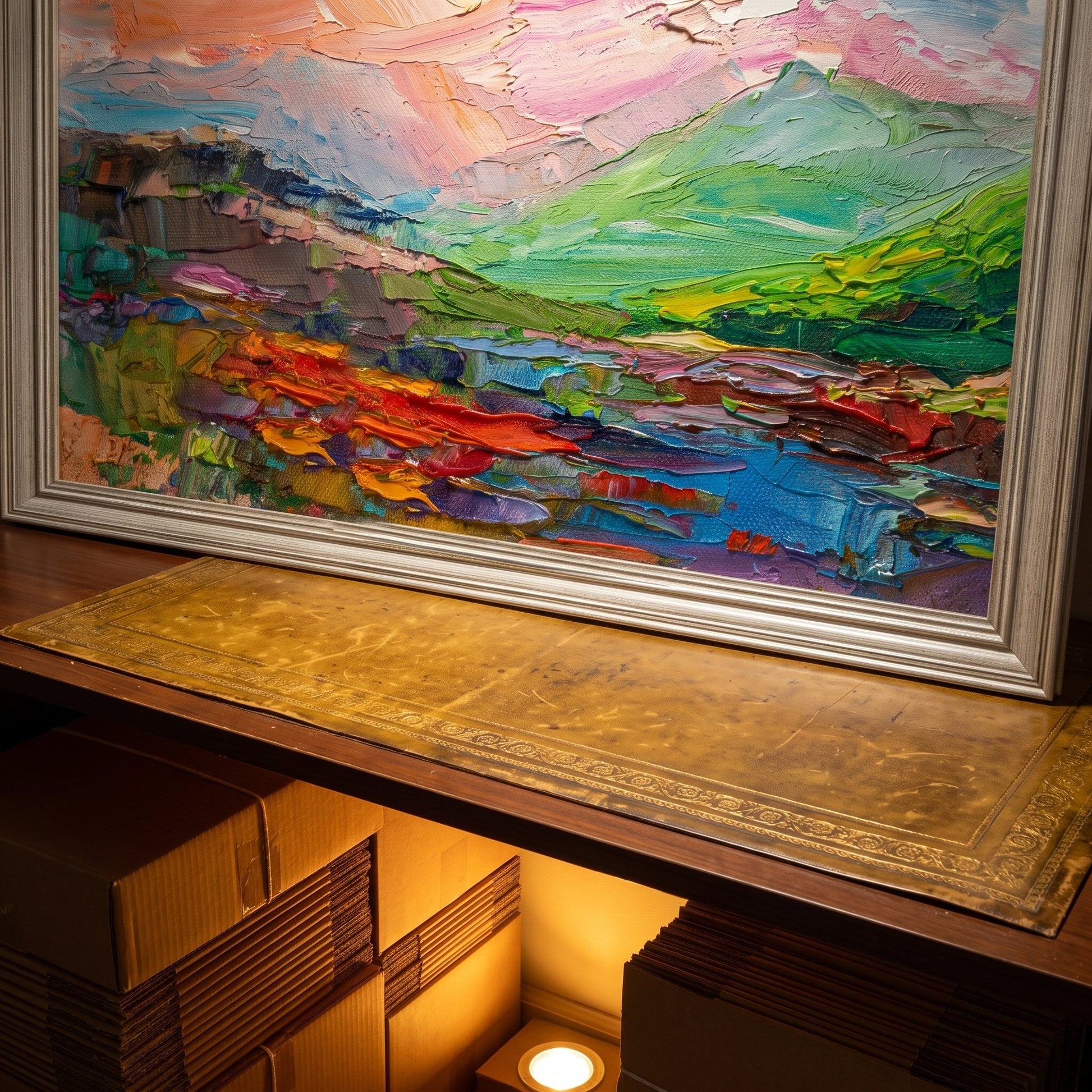 Contemporary entryway — vibrant landscape painting adds warmth and artistic depth to minimalist space