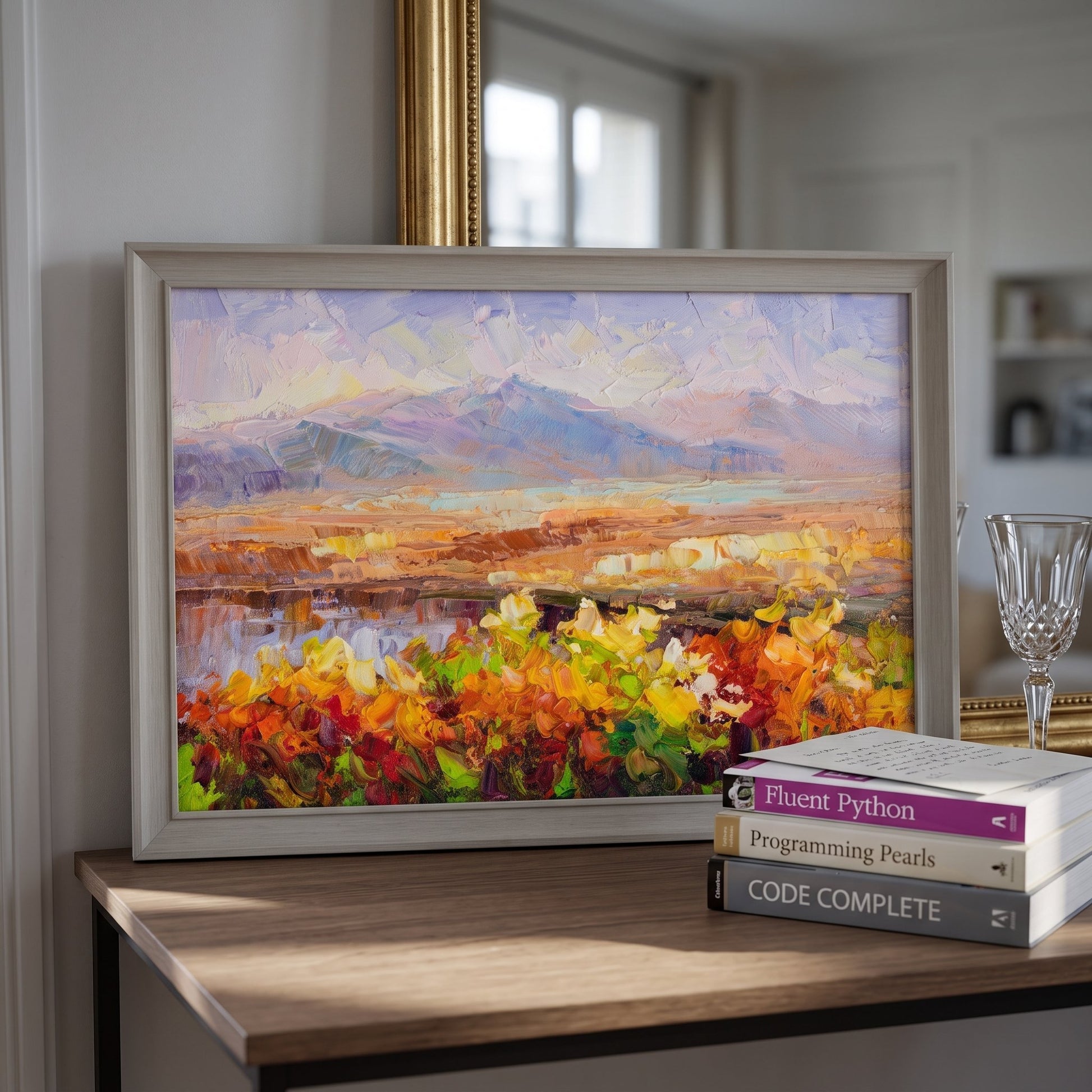 Contemporary home office — vibrant Impressionist landscape transforms workspace with warm colors and natural textures