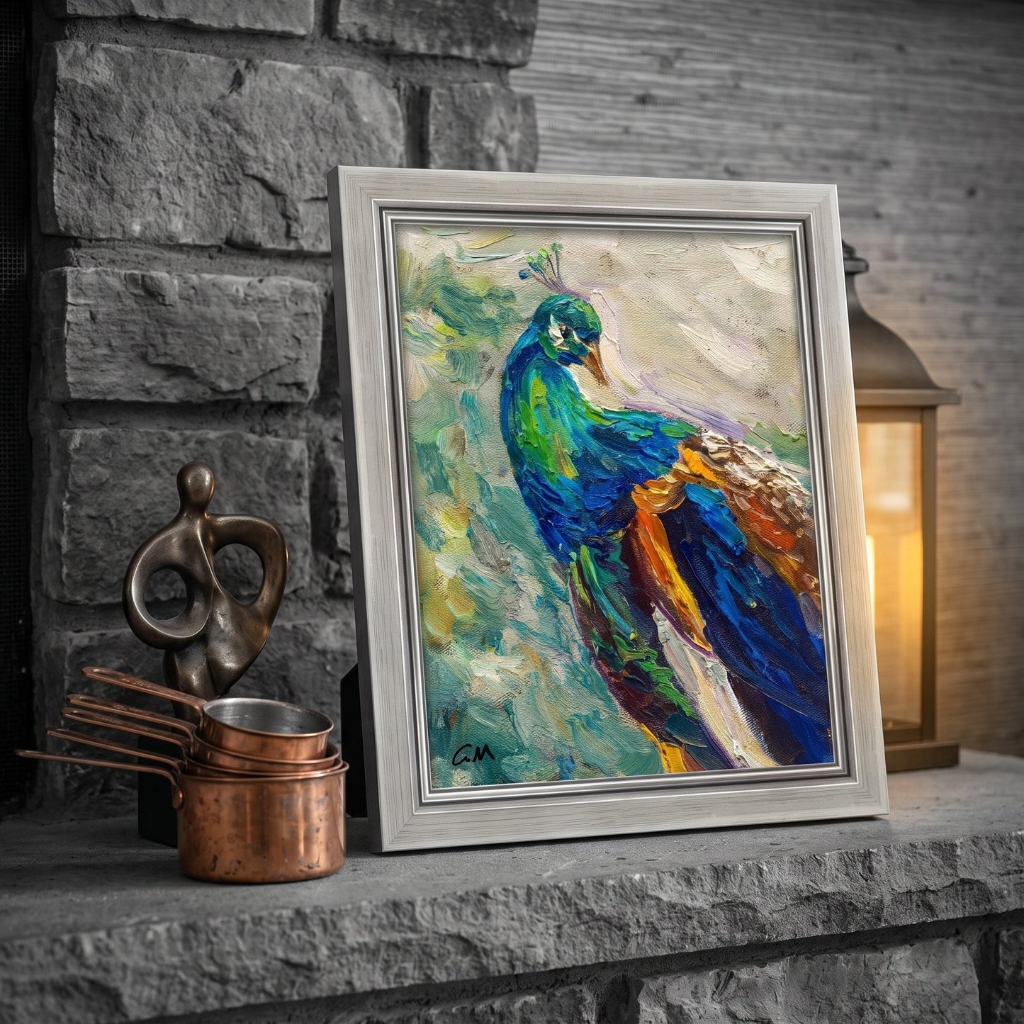 Rustic Farmhouse Living Room — Vibrant peacock painting adds color and life to a stone mantel with warm ambient lighting