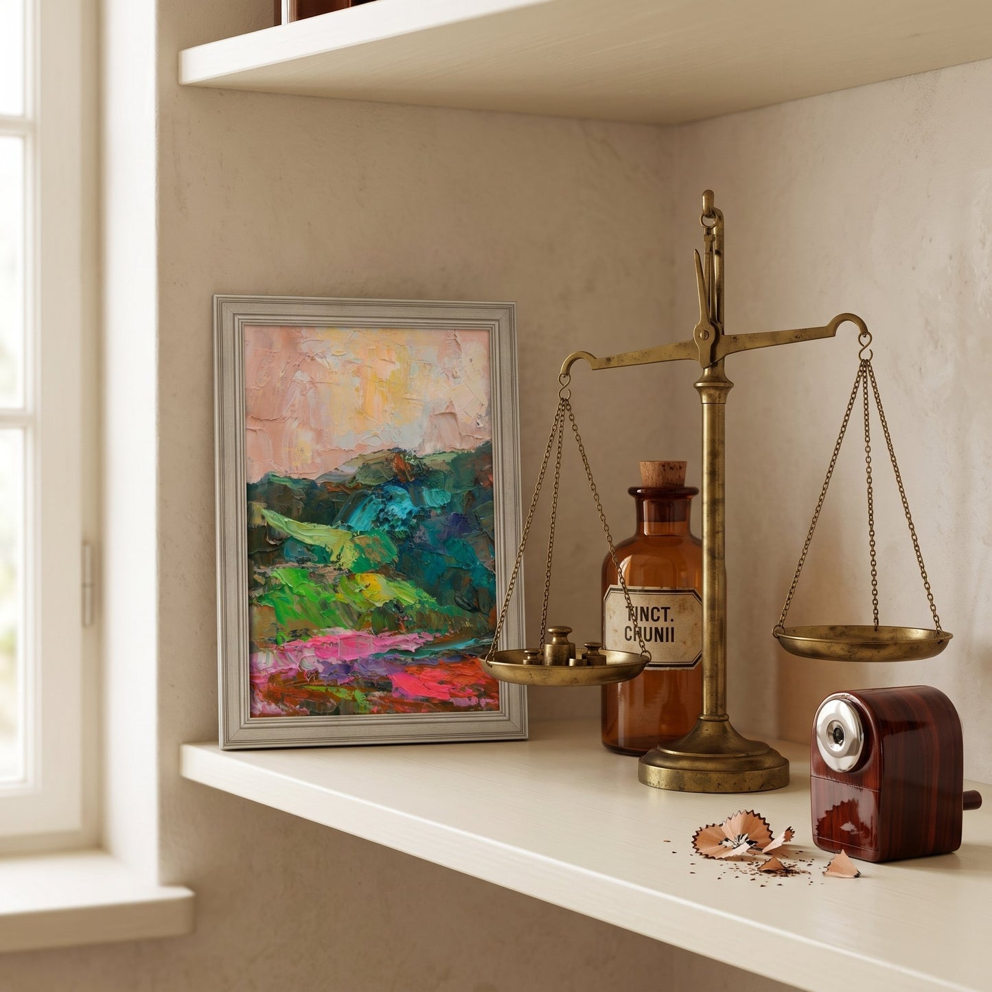 Minimalist study — vibrant expressionist landscape painting adds color and artistic depth to a serene workspace