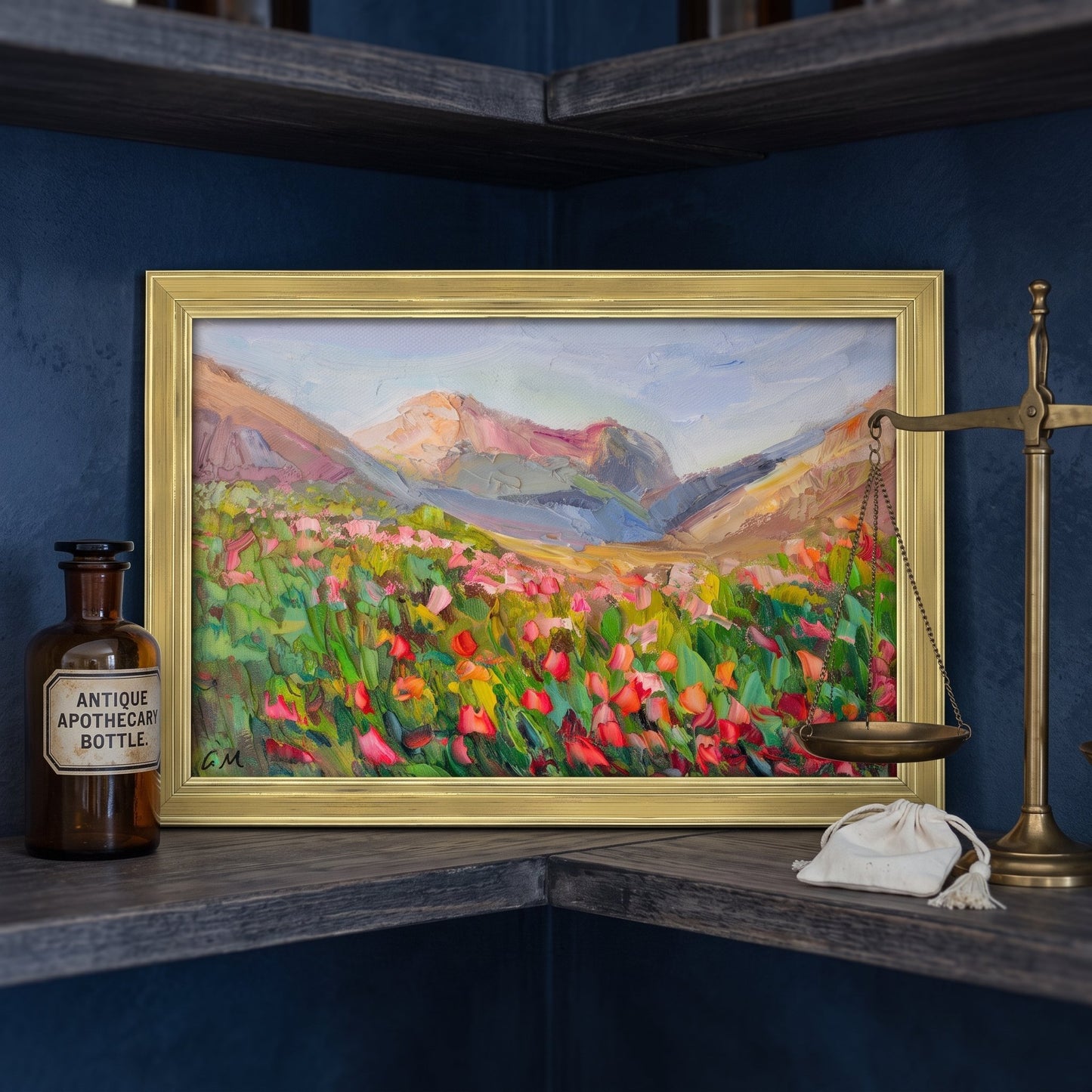 Rustic farmhouse study — vibrant Impressionist landscape painting transforms dark corner with colorful floral energy