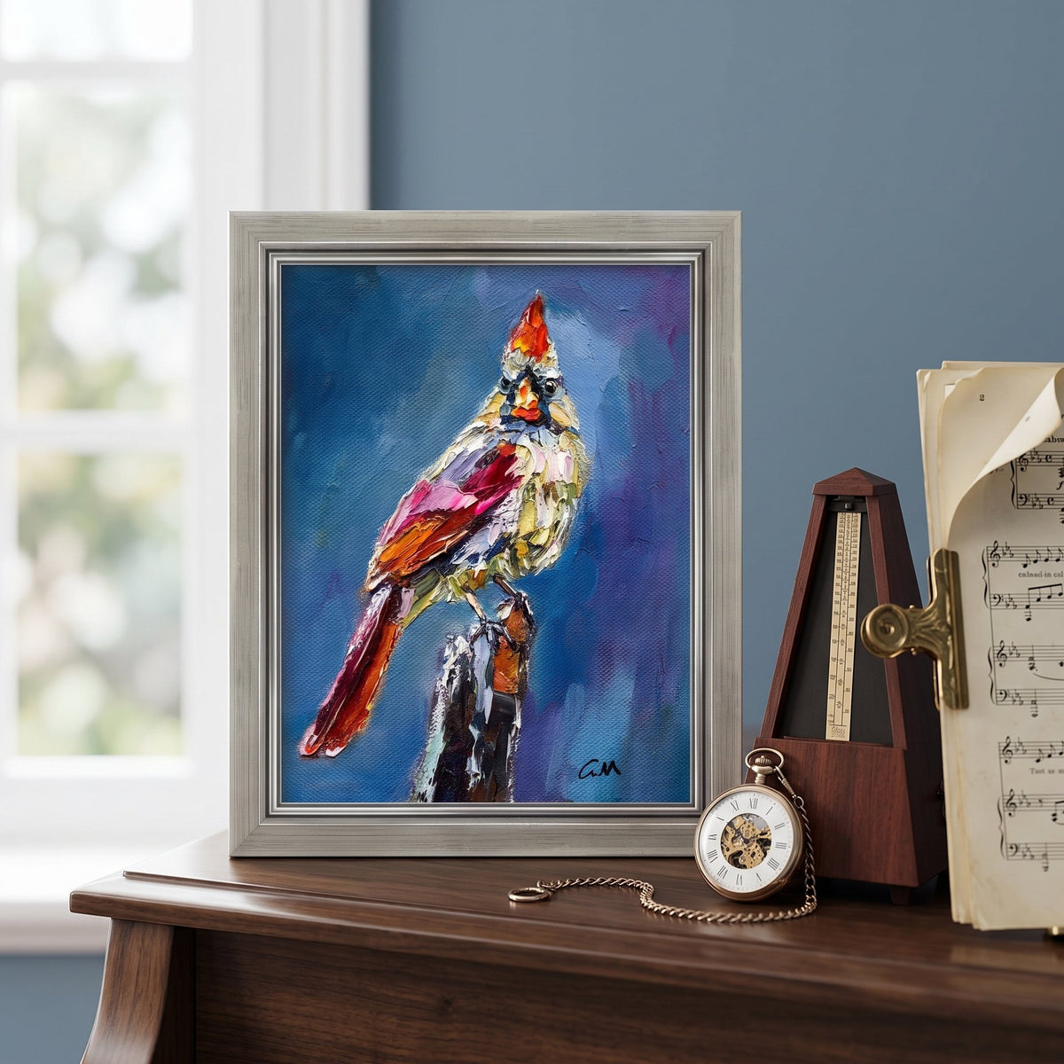 Vintage study — Expressionist cardinal painting adds vibrant color and artistic soul to a scholarly space