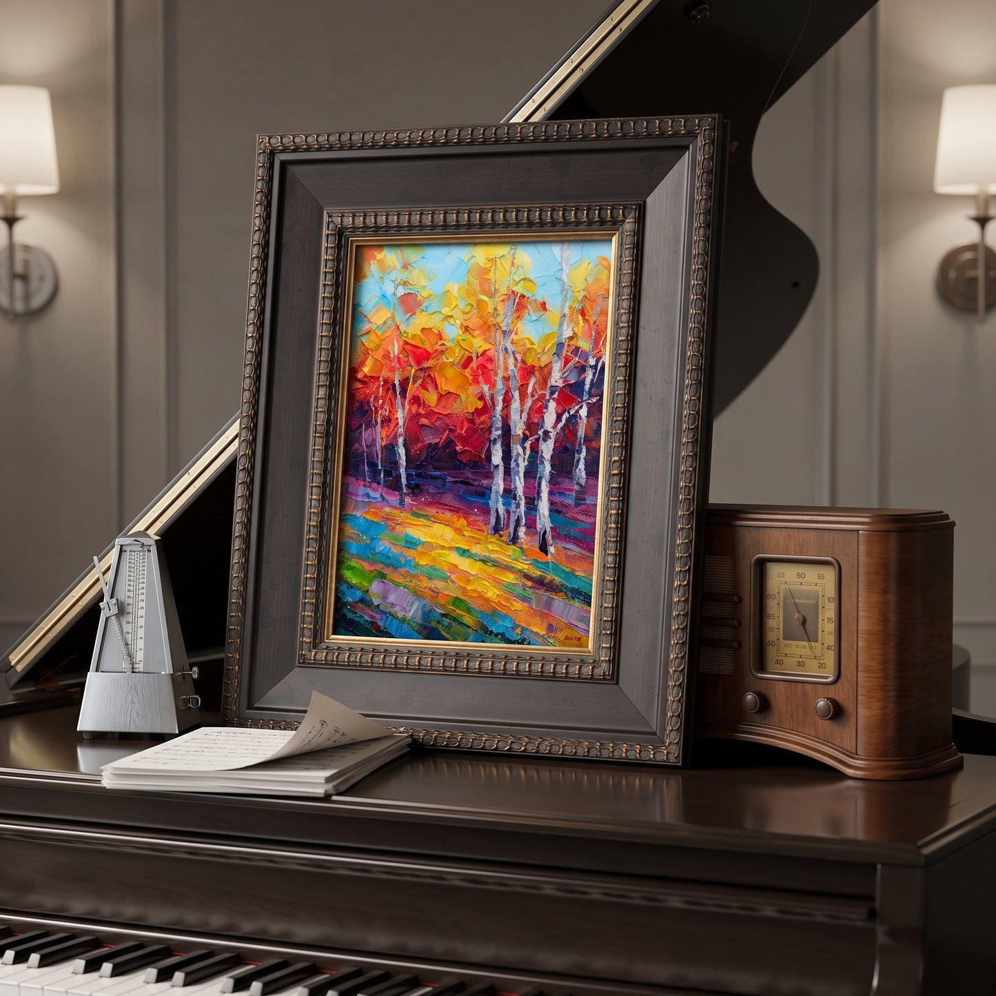 Music room, classic elegance — vibrant Expressionist landscape painting adds emotional depth and color contrast to refined interior