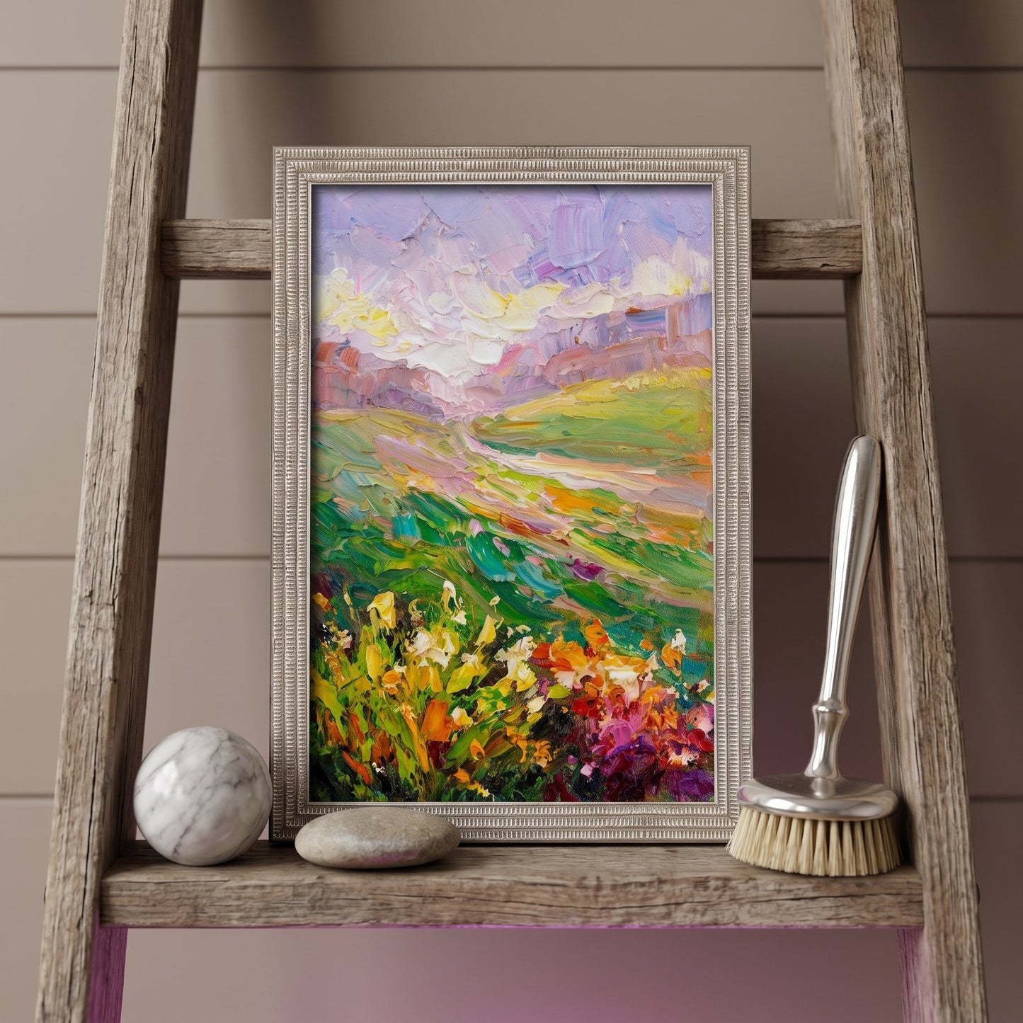 Rustic Farmhouse Entryway — Vibrant Impressionist Landscape Art Transforms Space with Color and Texture