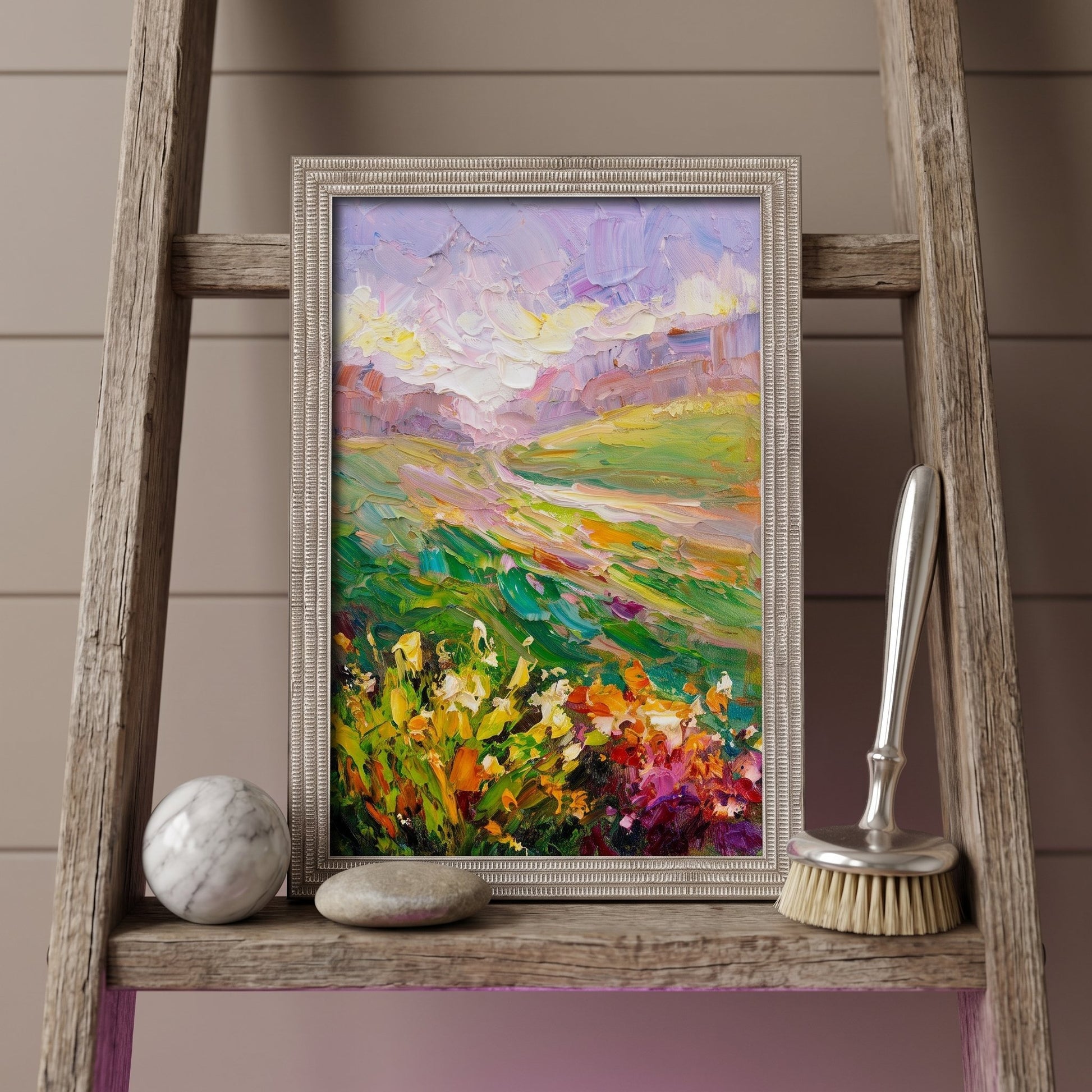 Rustic Farmhouse Entryway — Vibrant Impressionist Landscape Art Transforms Space with Color and Texture