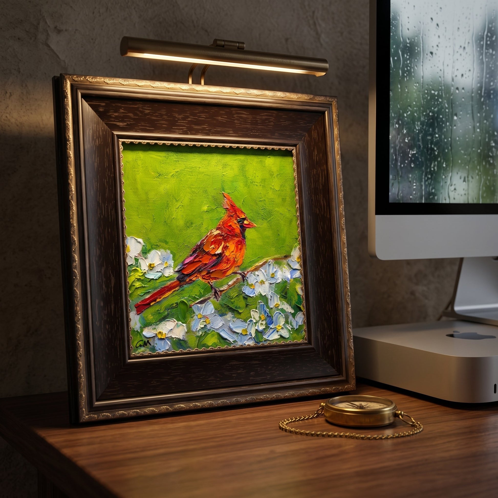 Home office, rustic farmhouse — Vibrant cardinal painting adds natural color and artistic warmth to a functional workspace