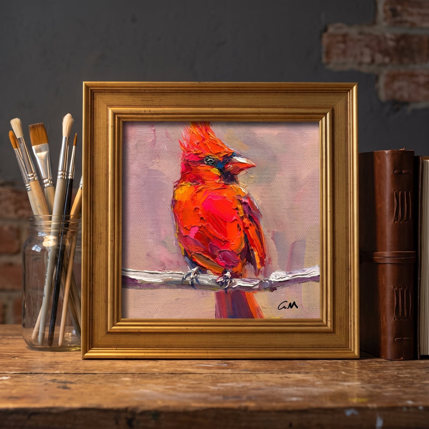 Rustic farmhouse study — Vibrant expressionist cardinal painting adds warmth and artistic energy to the space