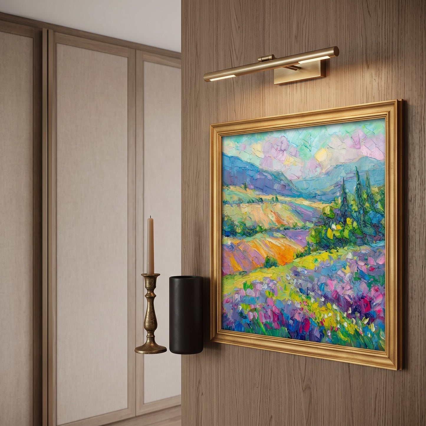 Contemporary entryway — Vibrant Impressionist landscape elevates minimalist space with bold color and texture