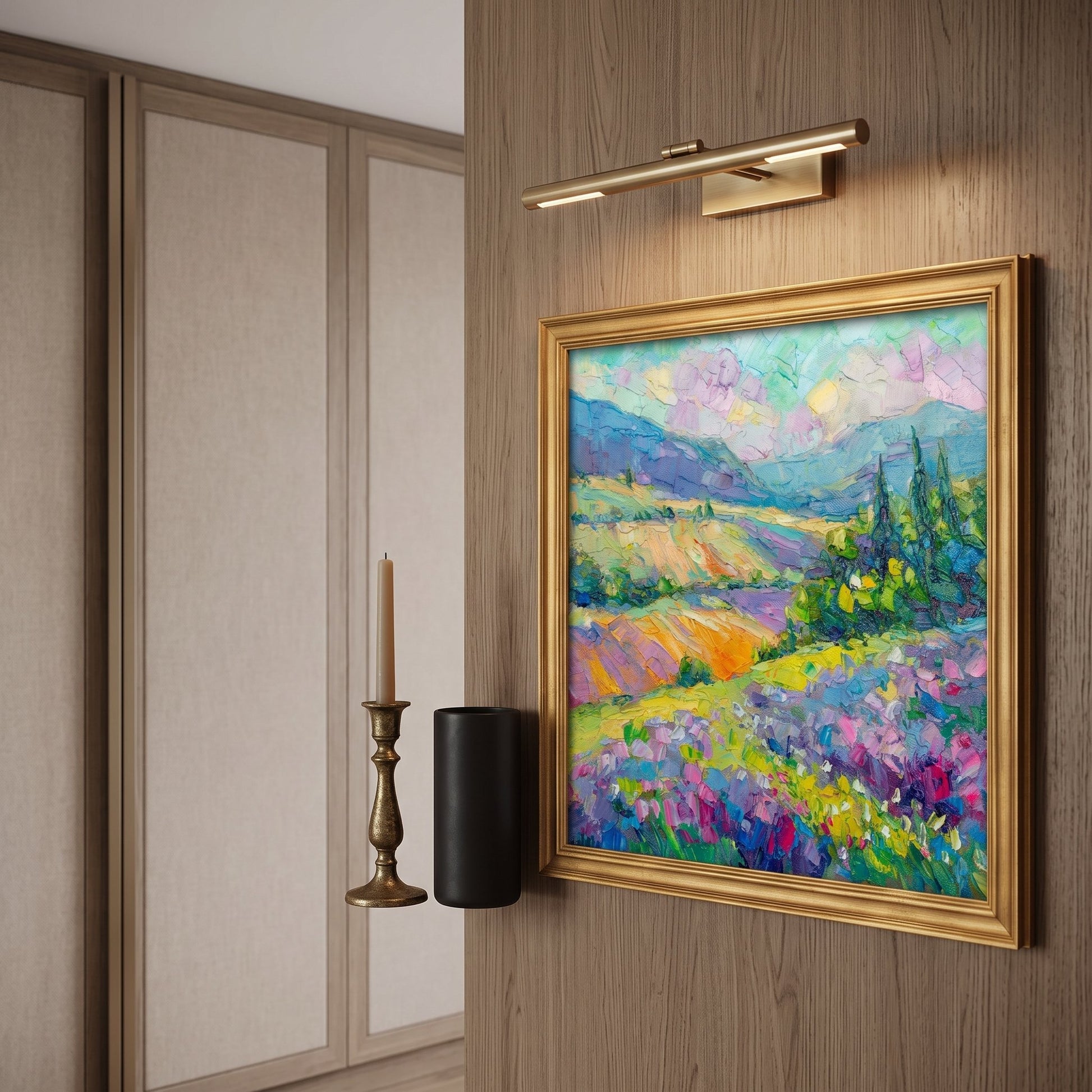 Contemporary entryway — Vibrant Impressionist landscape elevates minimalist space with bold color and texture