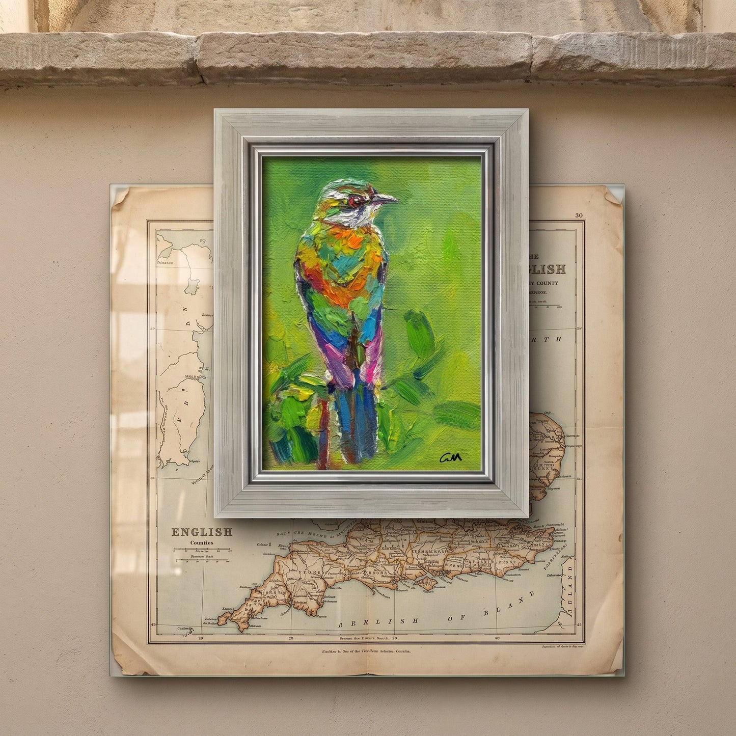 Rustic Farmhouse Entryway — Vibrant expressionist bird painting adds color and life to a vintage-map-adorned wall