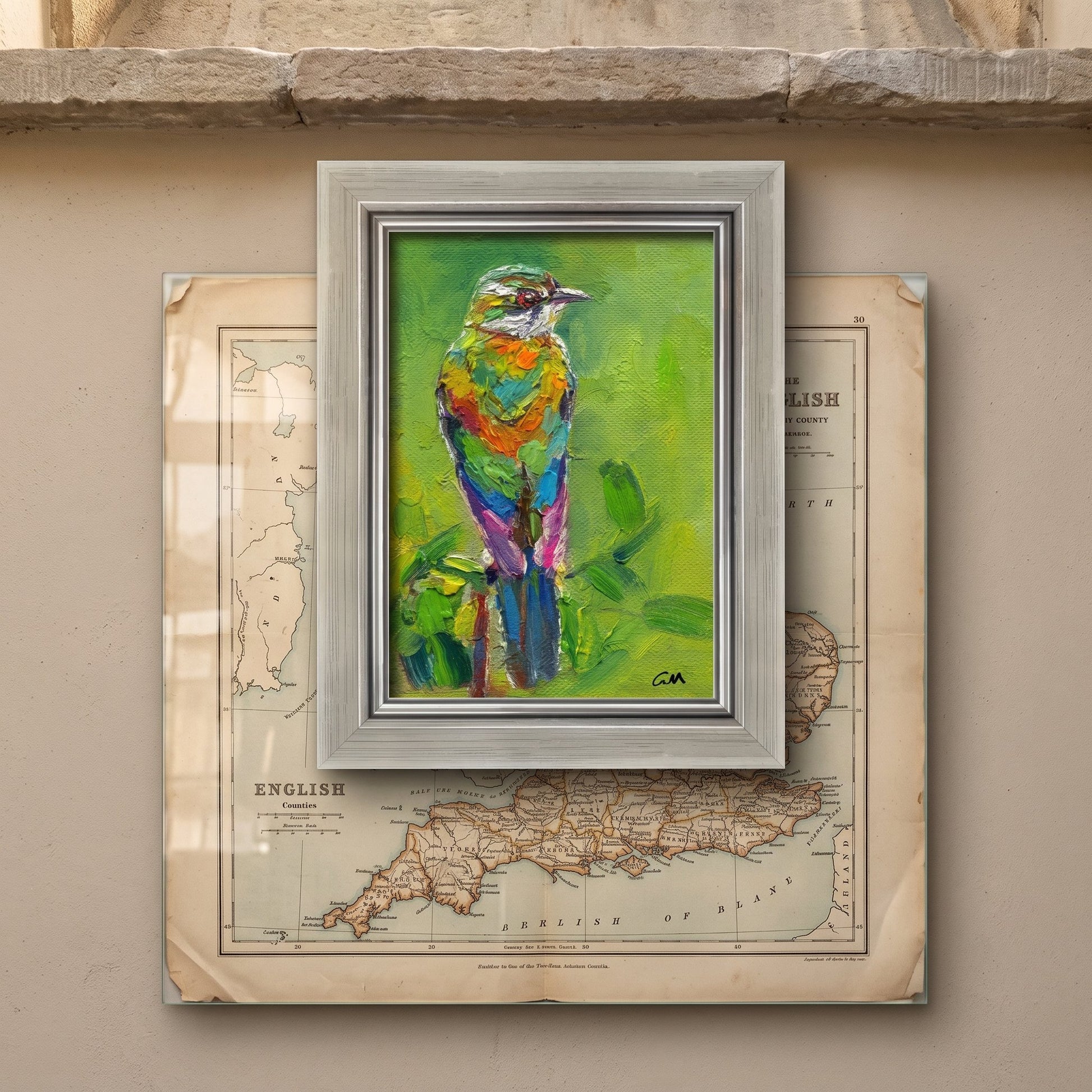 Rustic Farmhouse Entryway — Vibrant expressionist bird painting adds color and life to a vintage-map-adorned wall