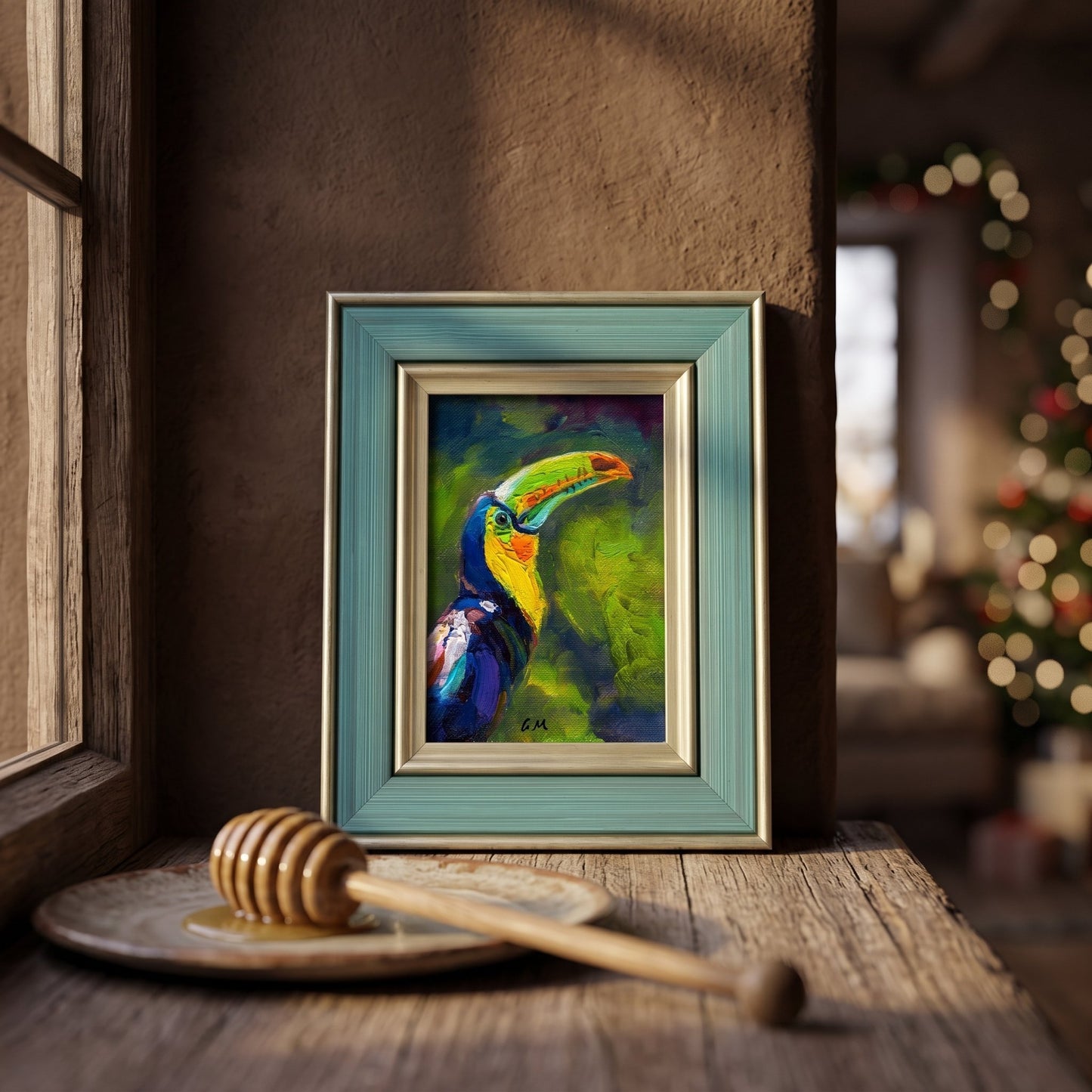 Rustic Farmhouse Kitchen — Vibrant toucan painting adds tropical color and texture to a sunlit windowsill