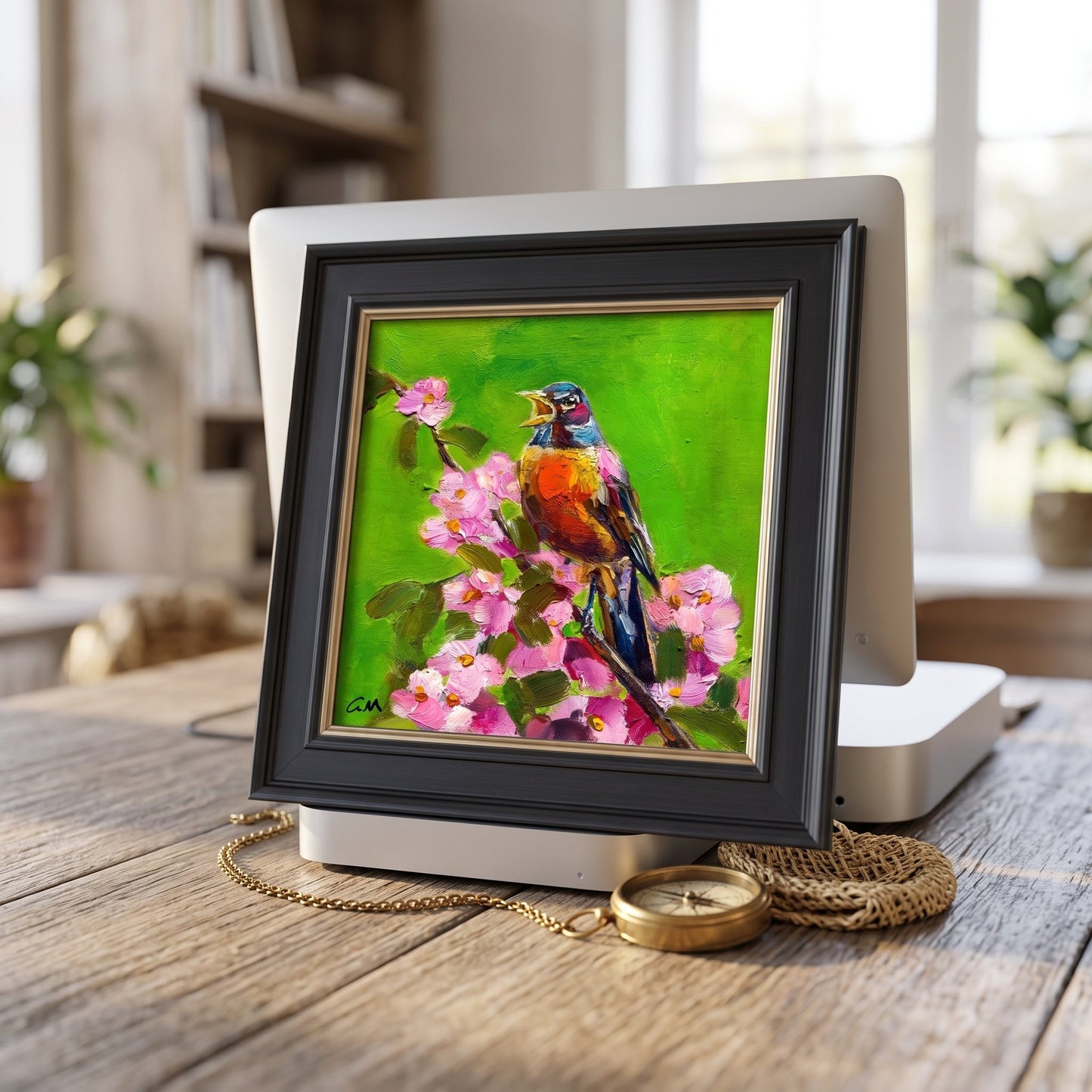 Rustic Farmhouse Study — Vibrant bird painting adds nature-inspired charm and color to a serene workspace