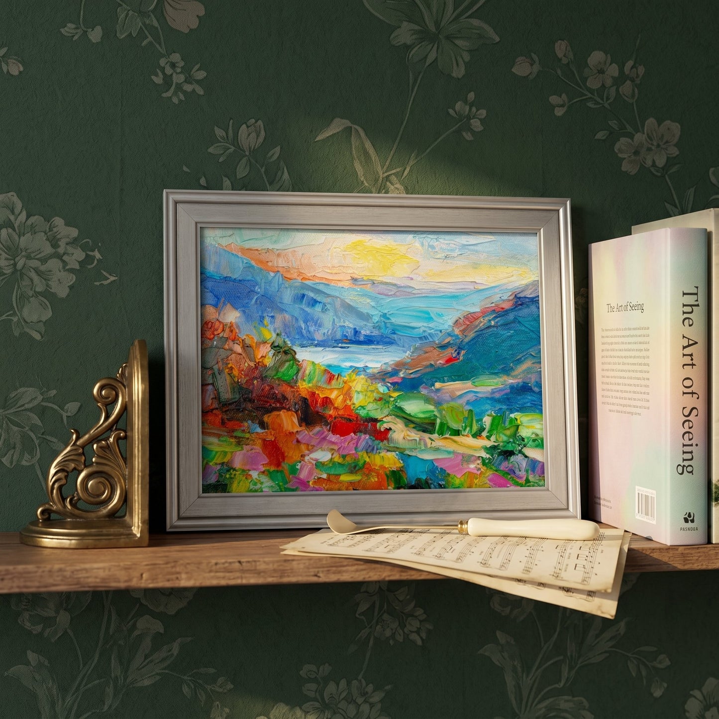 Study, vintage-inspired — vibrant landscape painting adds color and emotion to a classic reading nook