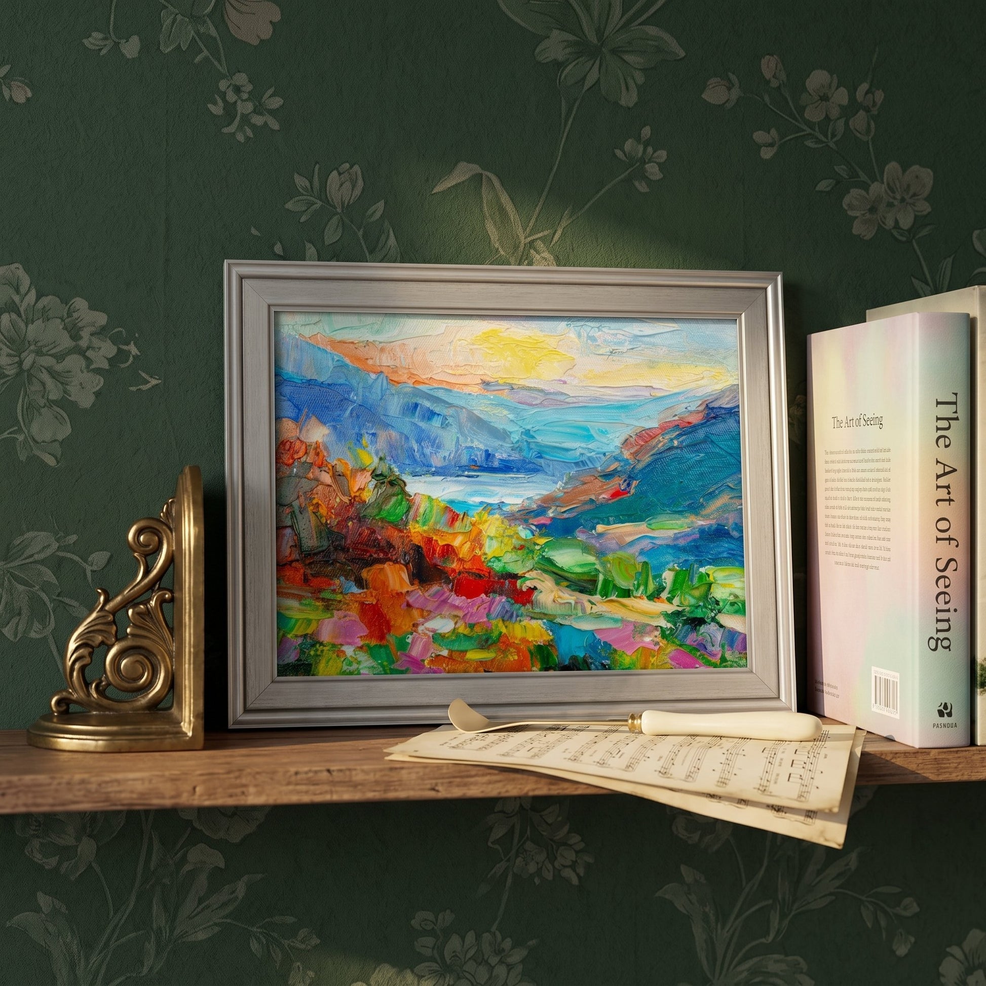 Study, vintage-inspired — vibrant landscape painting adds color and emotion to a classic reading nook