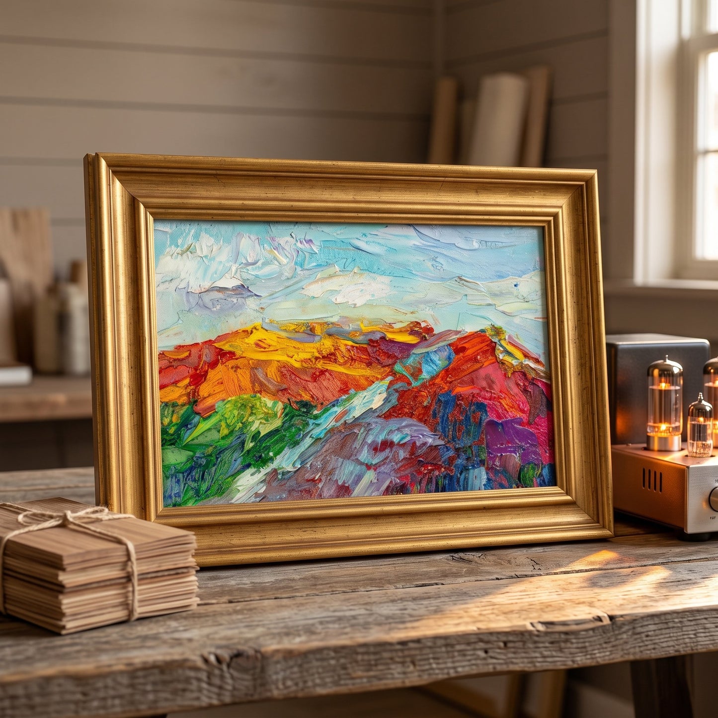 Rustic Farmhouse Study — Vibrant expressionist landscape transforms the space with bold color and emotional depth