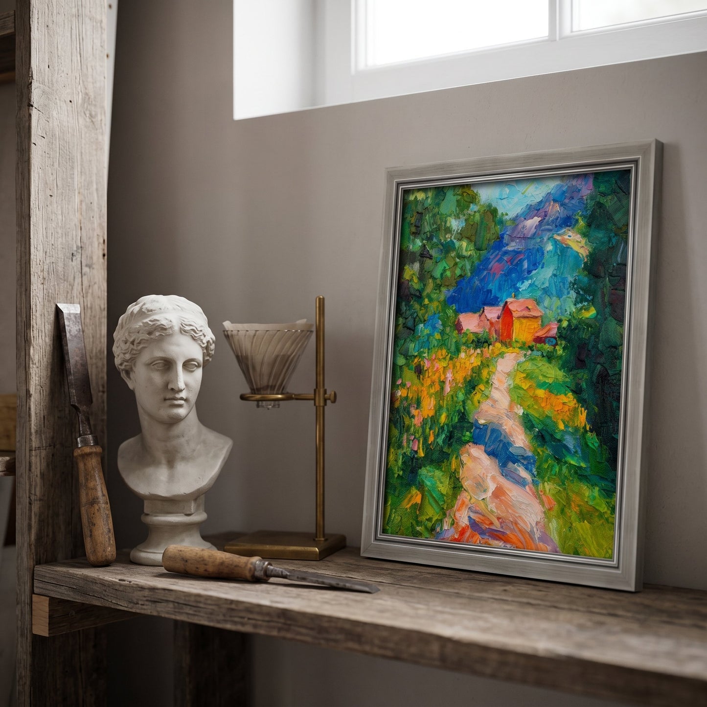 Rustic Farmhouse Study — Vibrant Post-Impressionist landscape elevates the space with bold color and texture under natural light