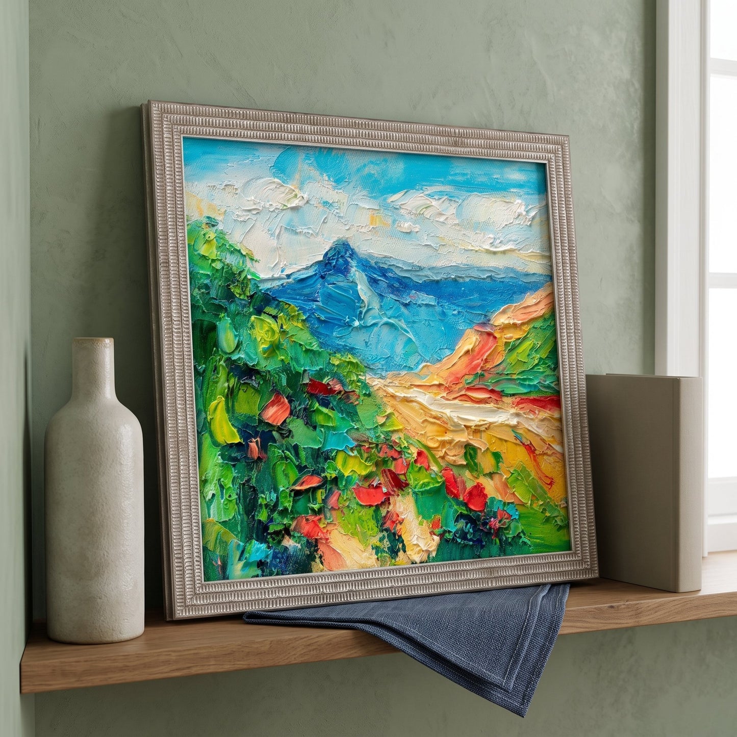 Contemporary living room — vibrant Impressionist landscape transforms minimalist space with bold color and texture
