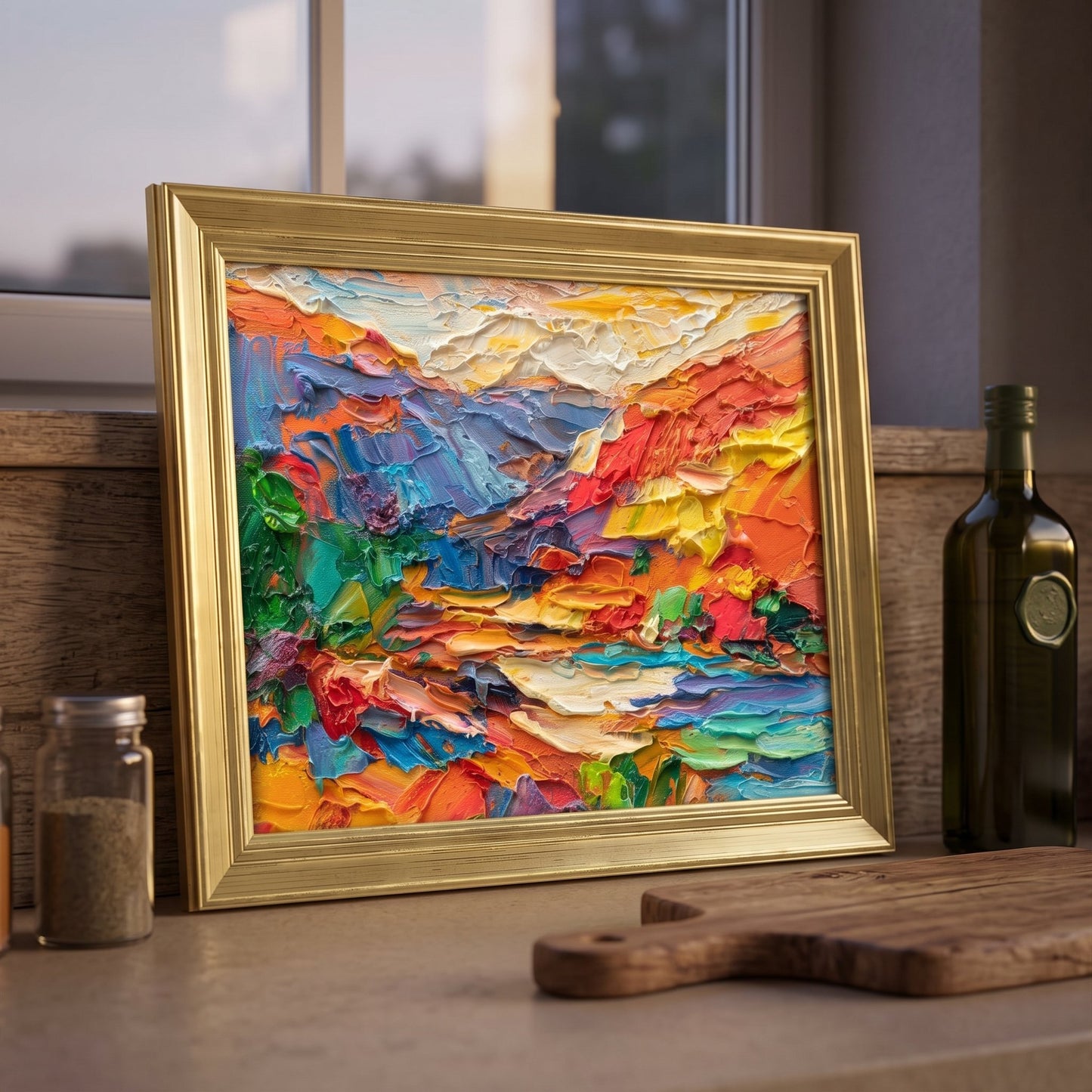 Modern Farmhouse Kitchen — Vibrant expressionist landscape painting adds bold color and texture to rustic kitchen decor