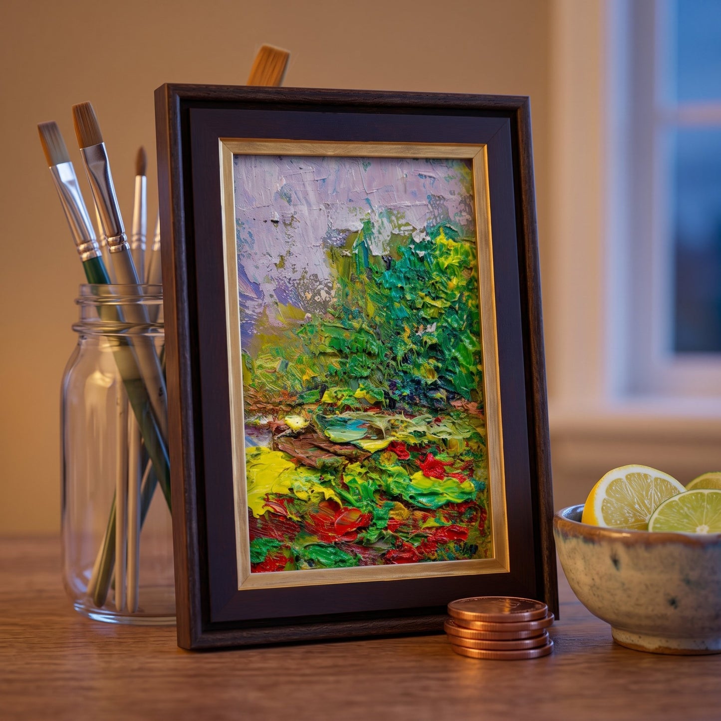 Rustic farmhouse kitchen — vibrant Expressionist landscape painting adds color and texture to warm, natural surroundings