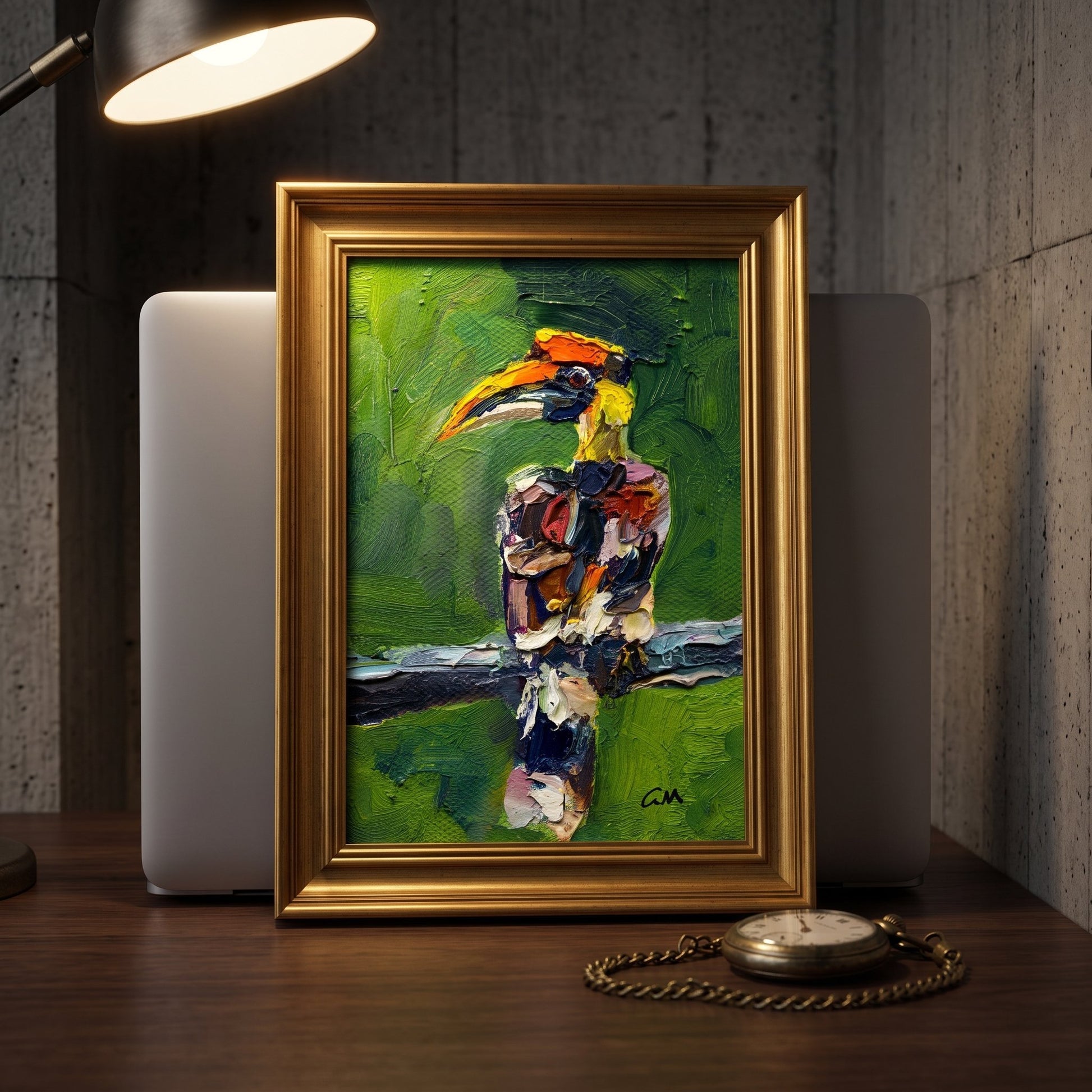 Industrial study — Vibrant expressionist bird painting transforms neutral space with bold color and texture under warm lamplight