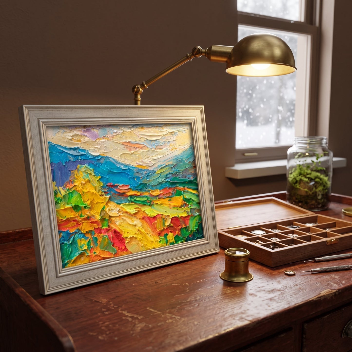 Rustic Farmhouse Study — Vibrant Impressionist landscape painting adds warmth and artistic energy to a cozy workspace