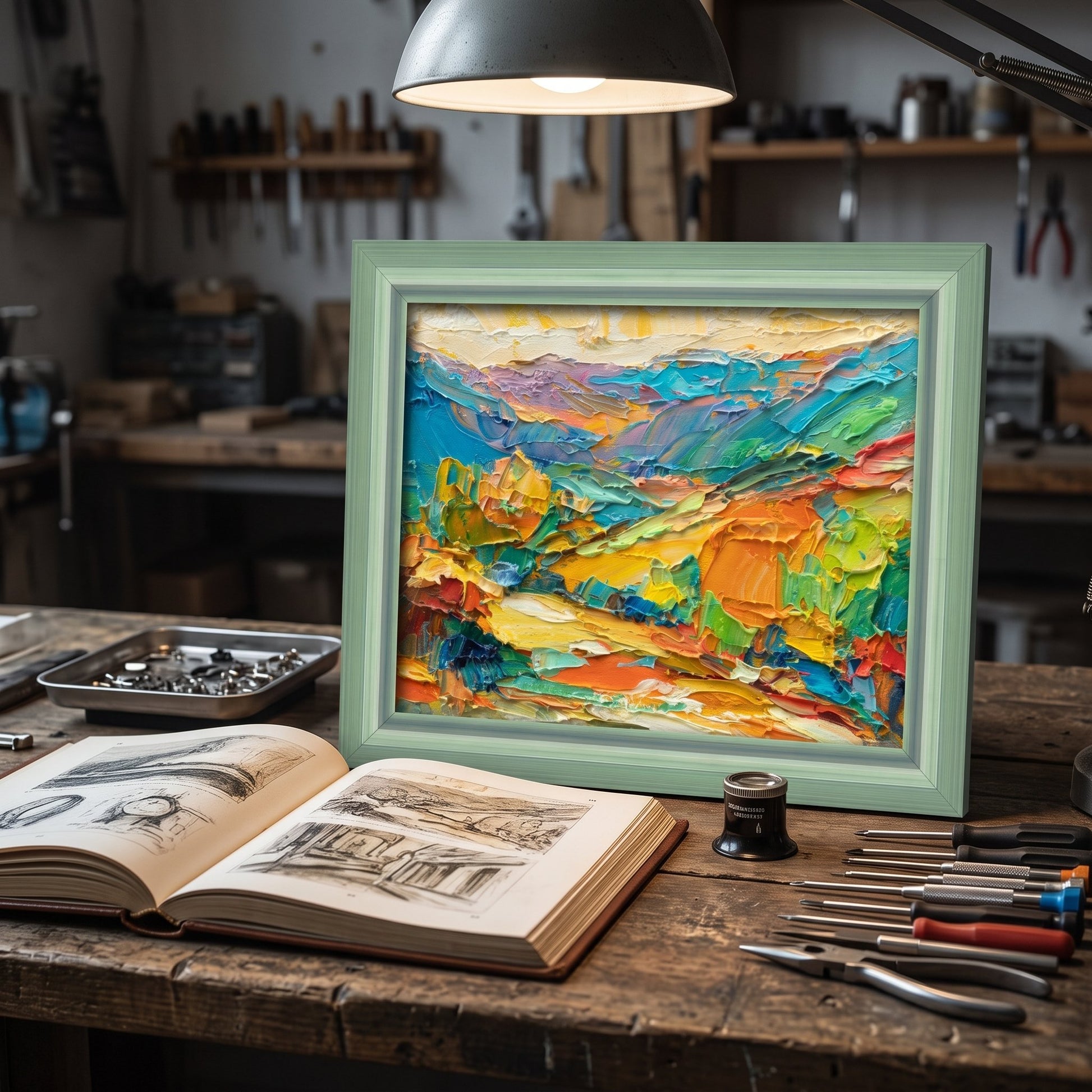 Rustic workshop — Vibrant expressionist landscape painting adds artistic energy to a functional workspace