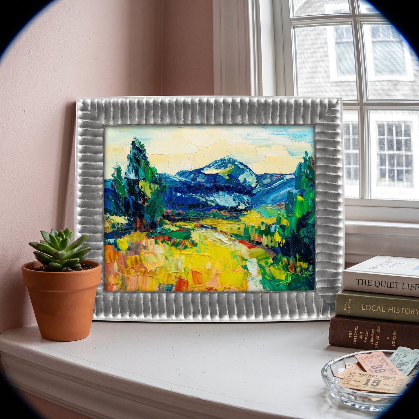 Entryway, Classic Decor — Vibrant expressionist landscape painting elevates the space with bold colors and textured brushwork